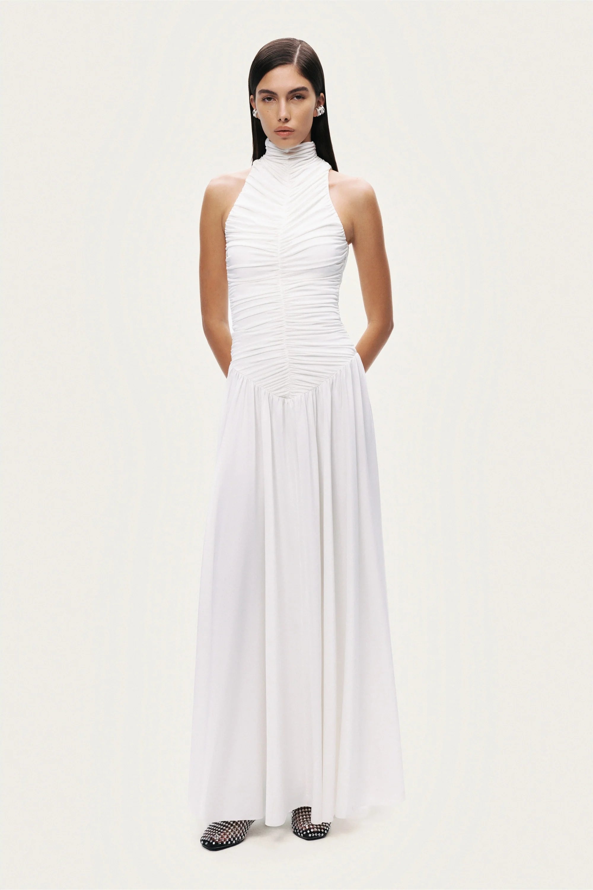 Ruched High-Neck Maxi Dress