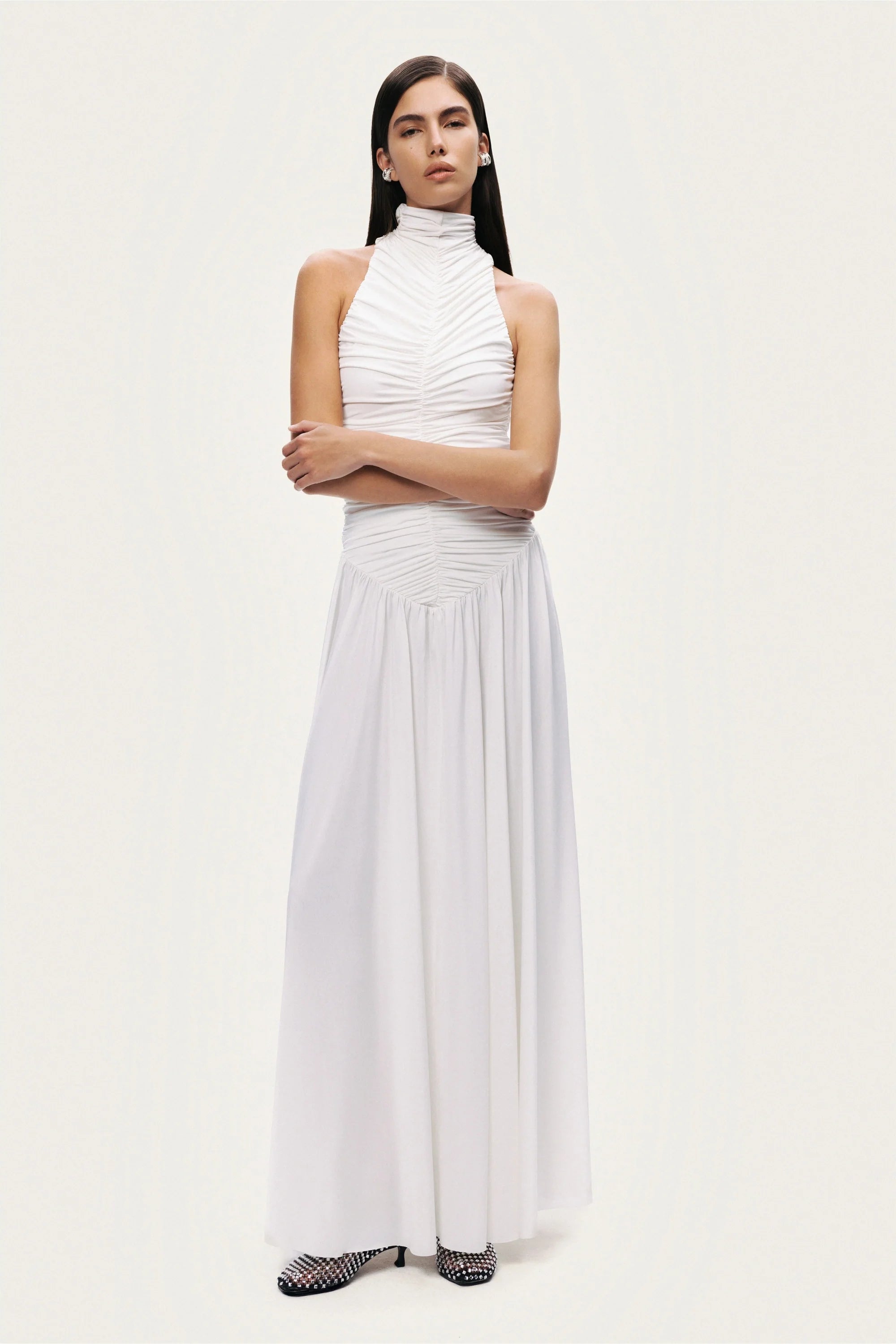 Ruched High-Neck Maxi Dress