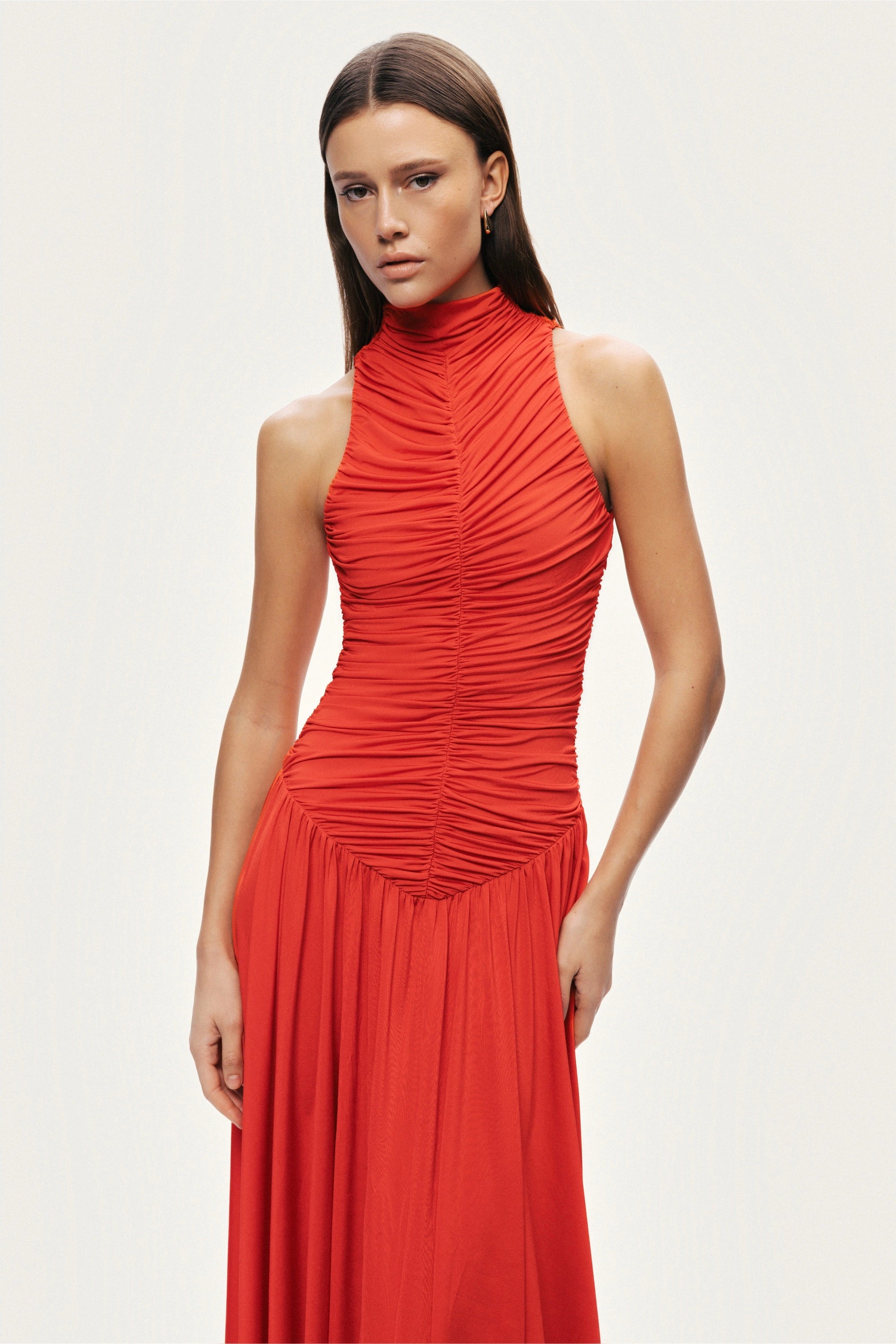 Ruched High-Neck Maxi Dress
