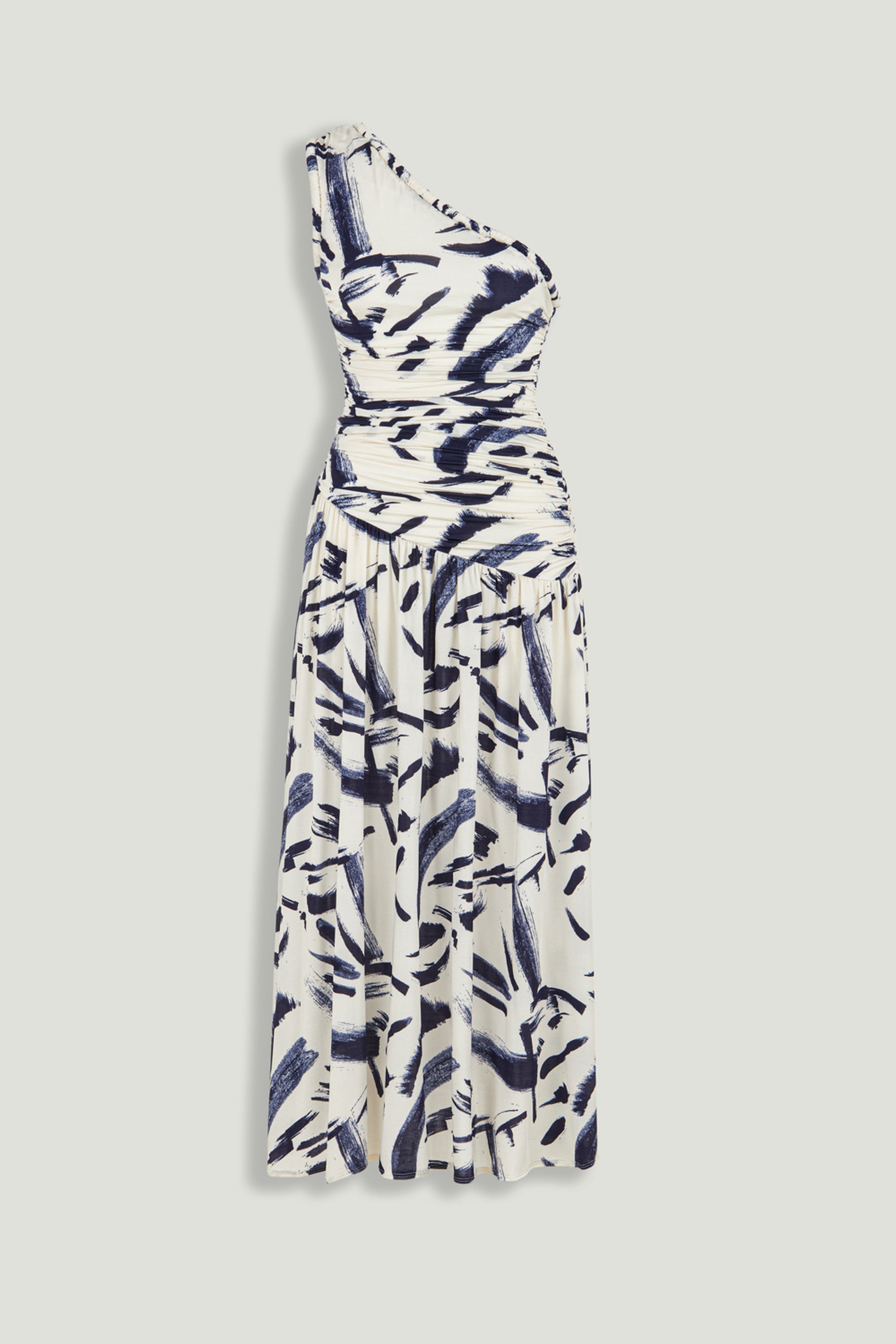 Printed One-Shoulder Draped Midi Dress