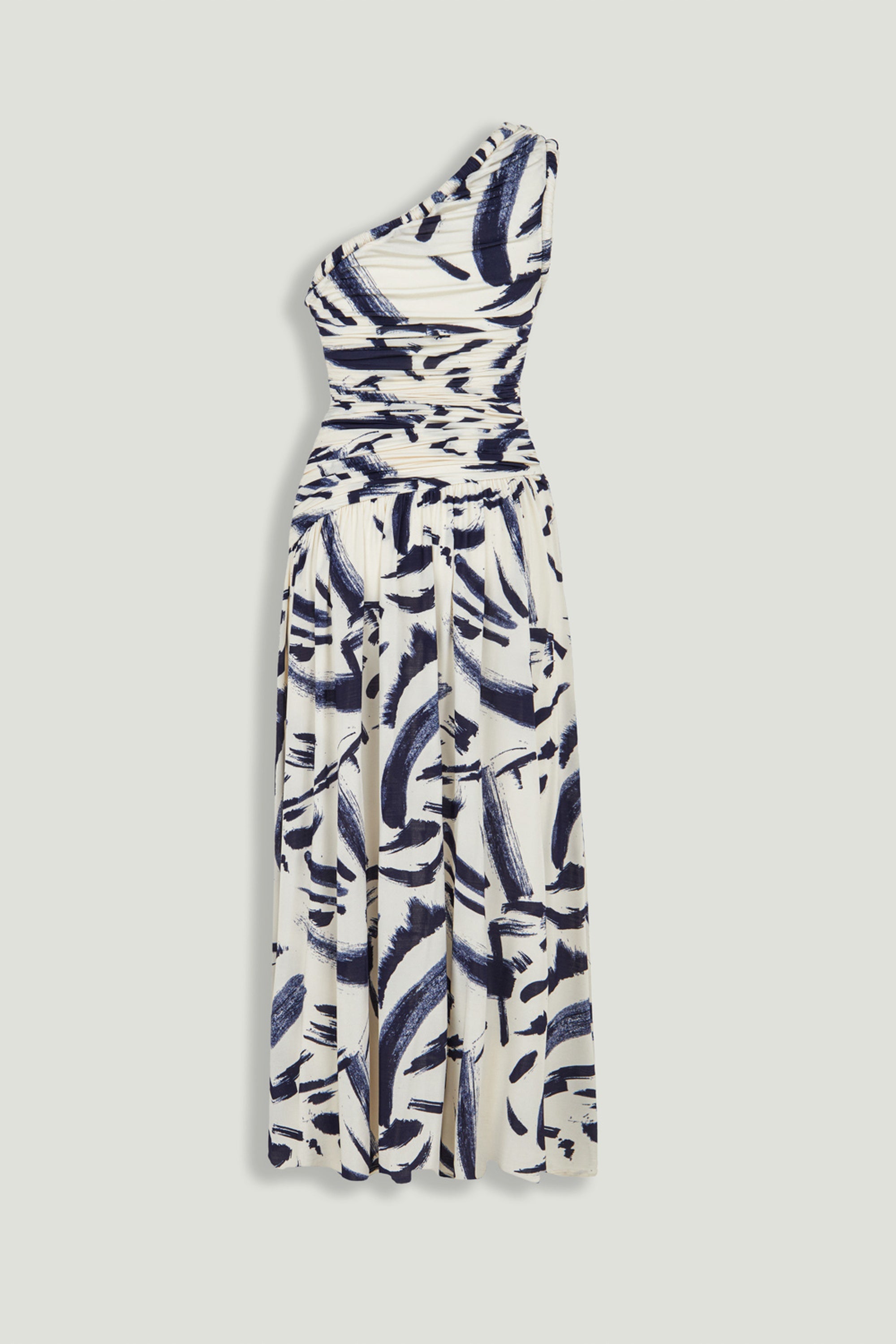 Printed One-Shoulder Draped Midi Dress