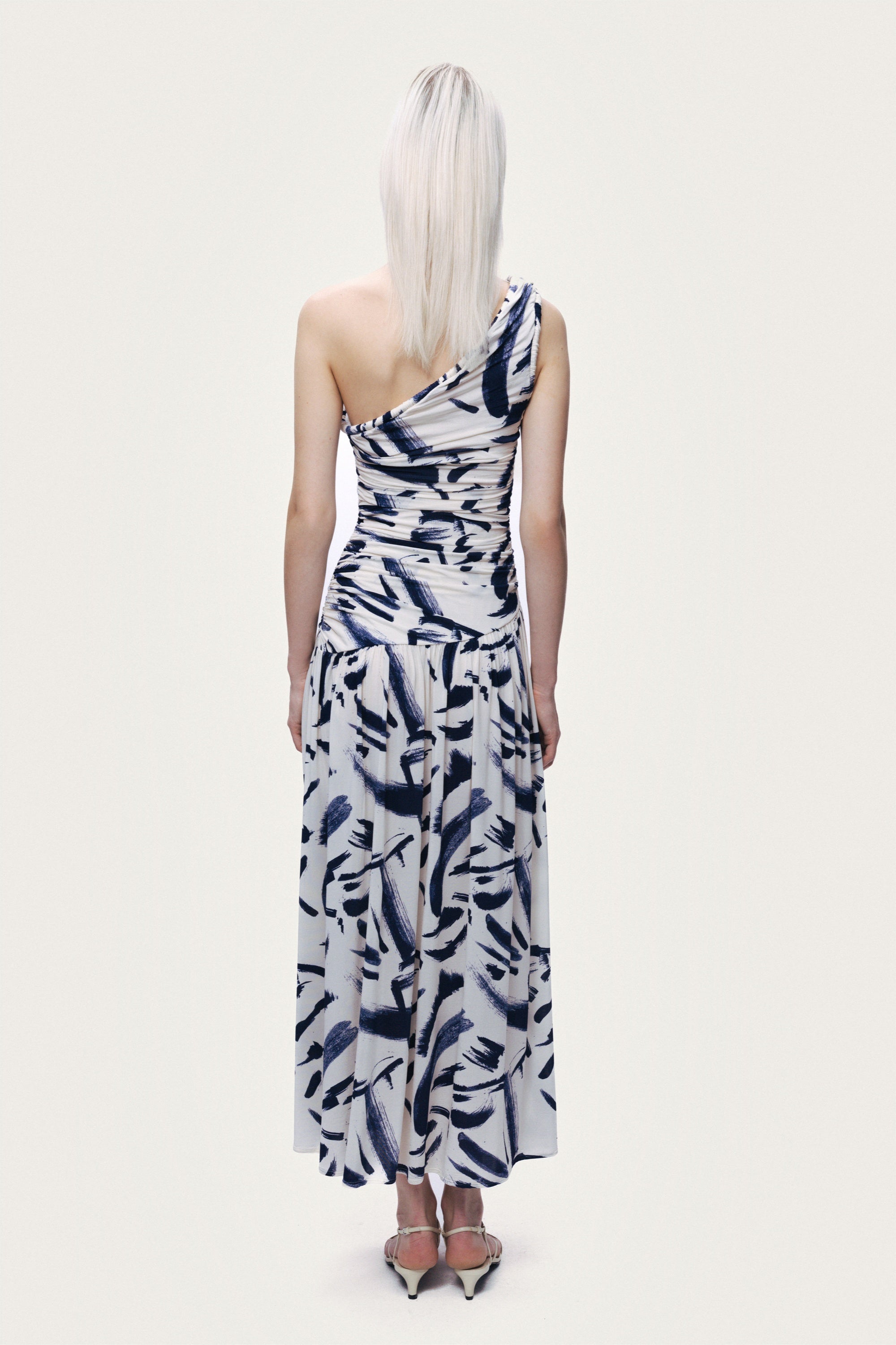 Printed One-Shoulder Draped Midi Dress