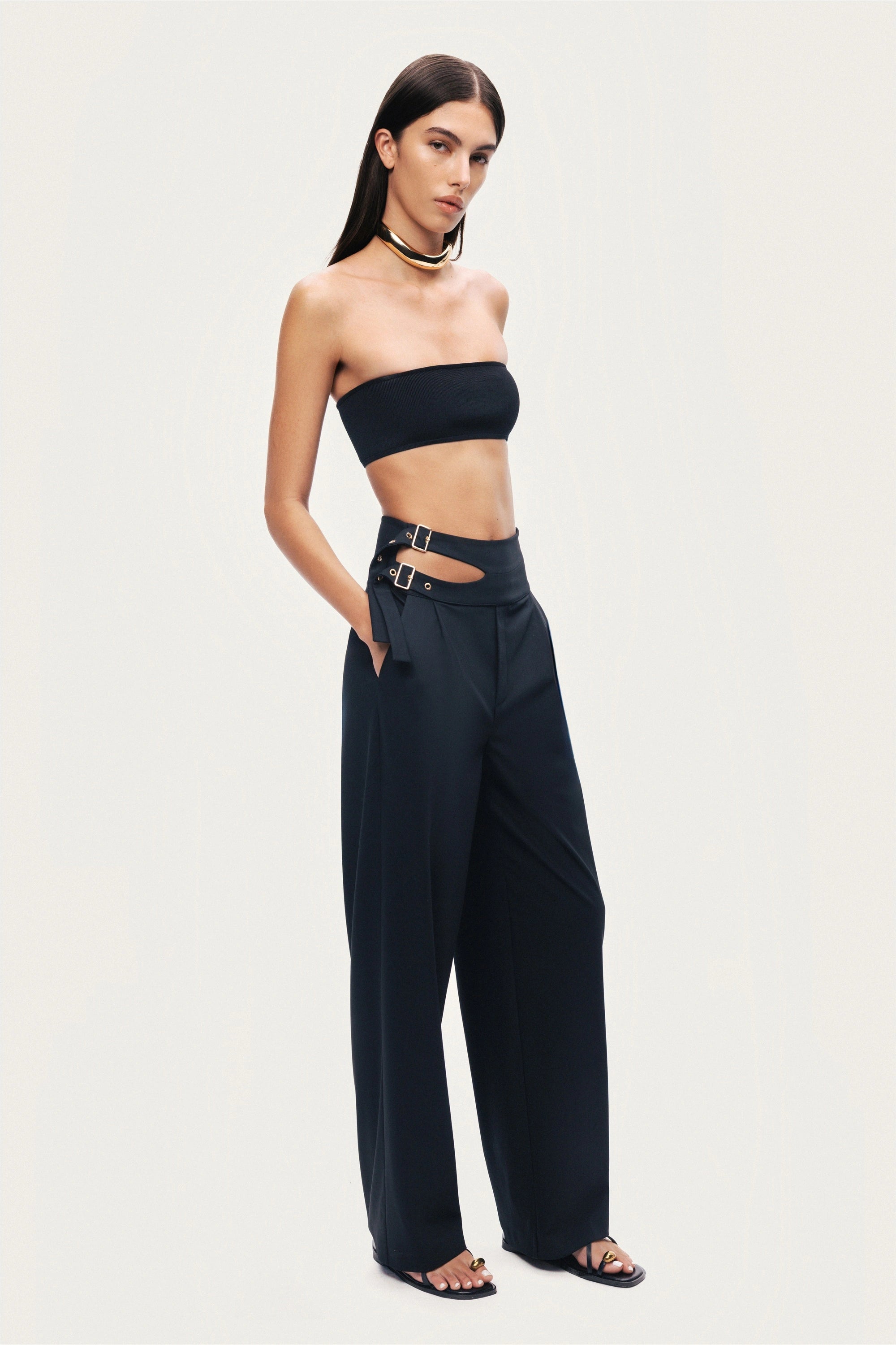 Cut-Out Waist Wide-Leg Pants