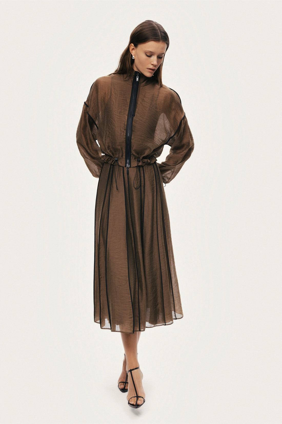 Sheer Pleated Midi Skirt