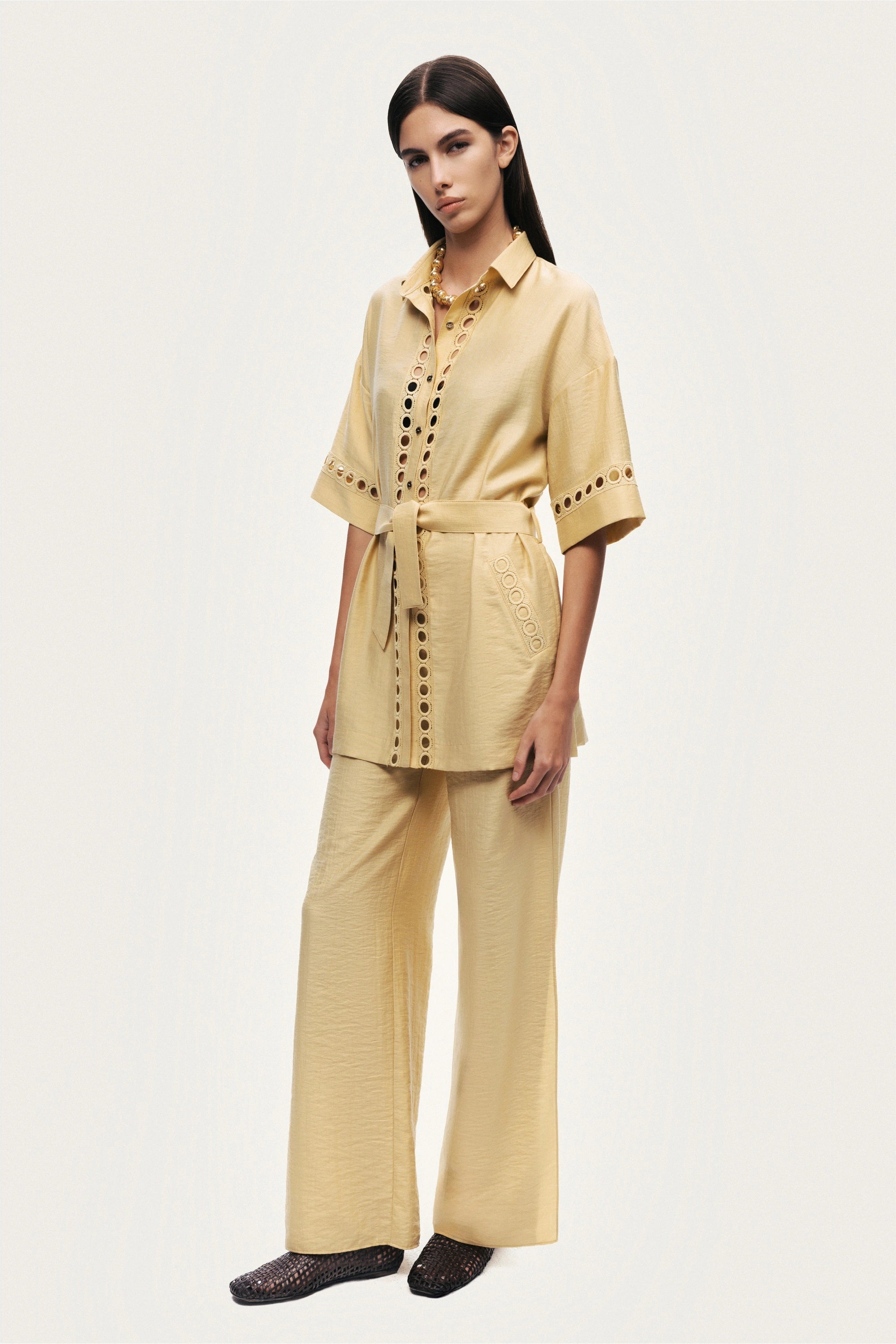 Belted Eyelet Detail Short-Sleeve Jacket