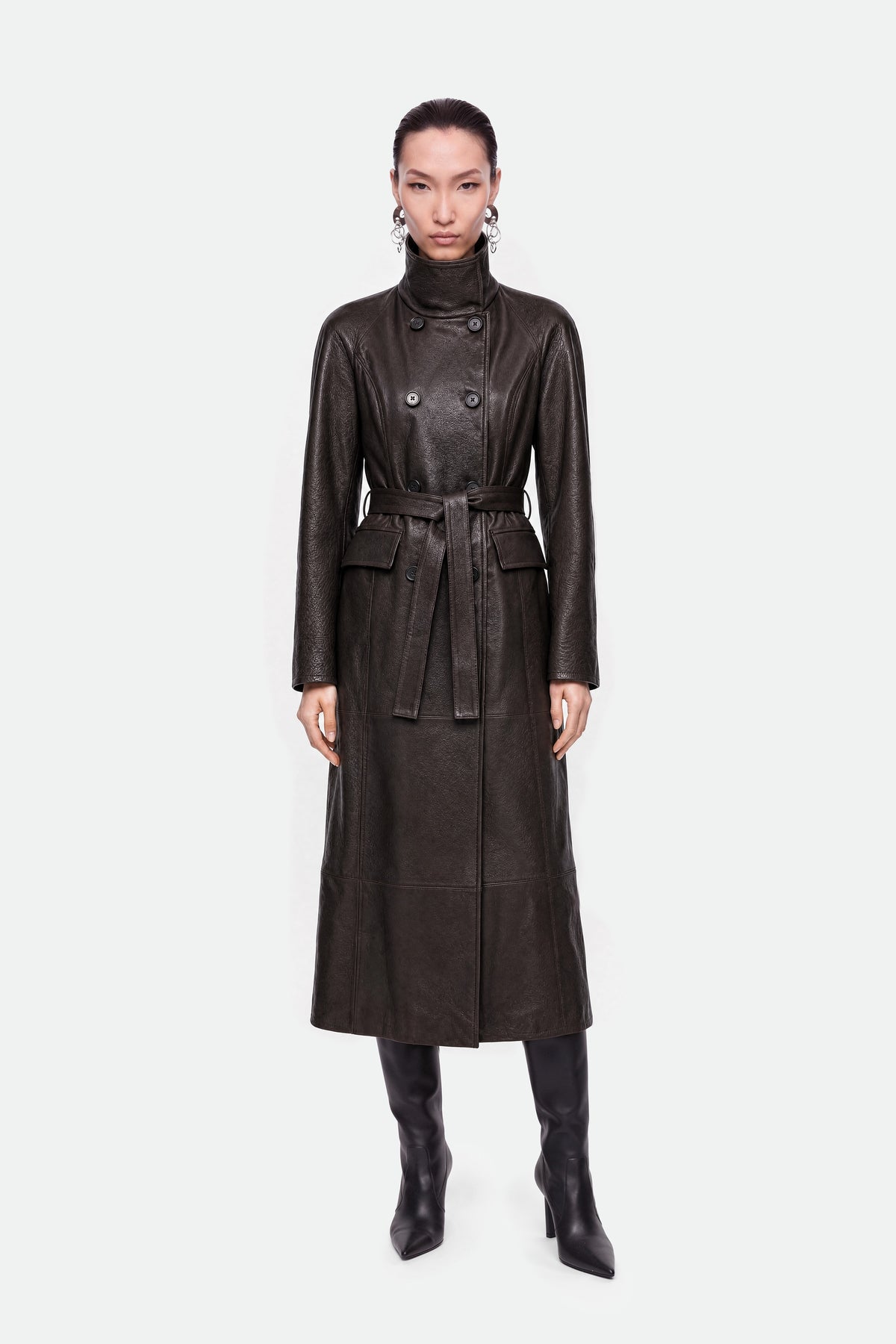Belted Leather Maxi Trench Coat
