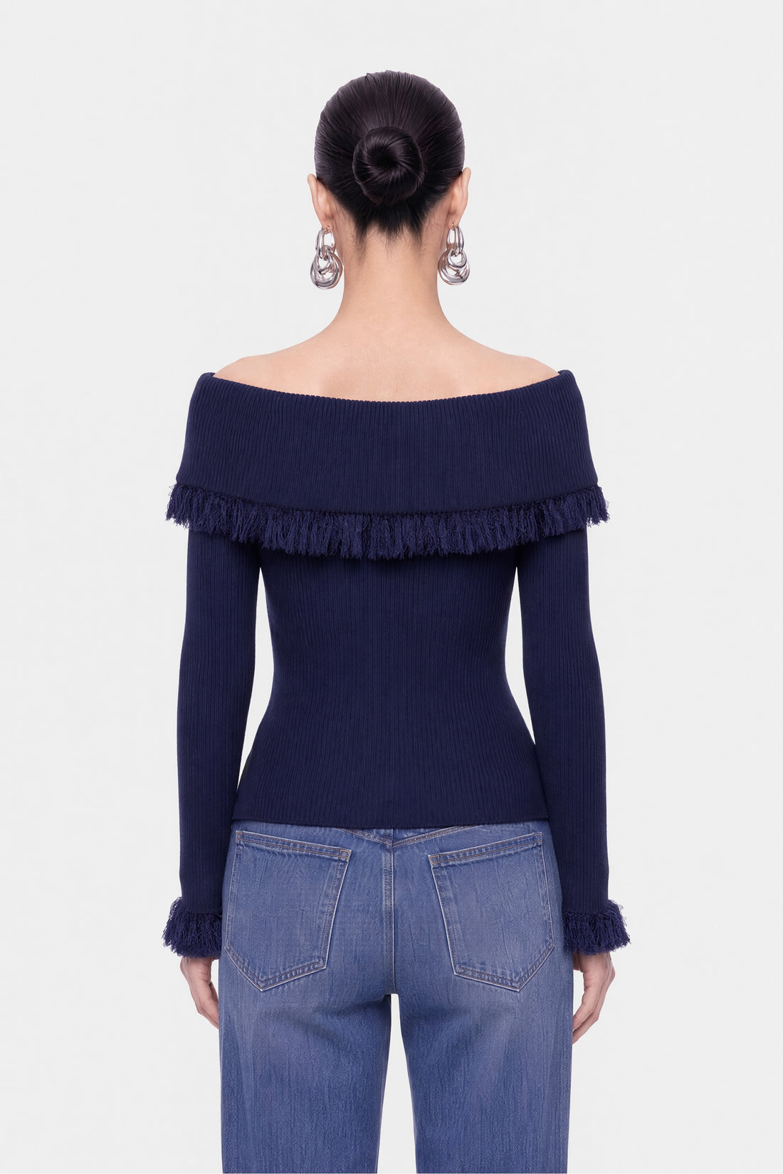Fringed Collar Off-Shoulder Cardigan