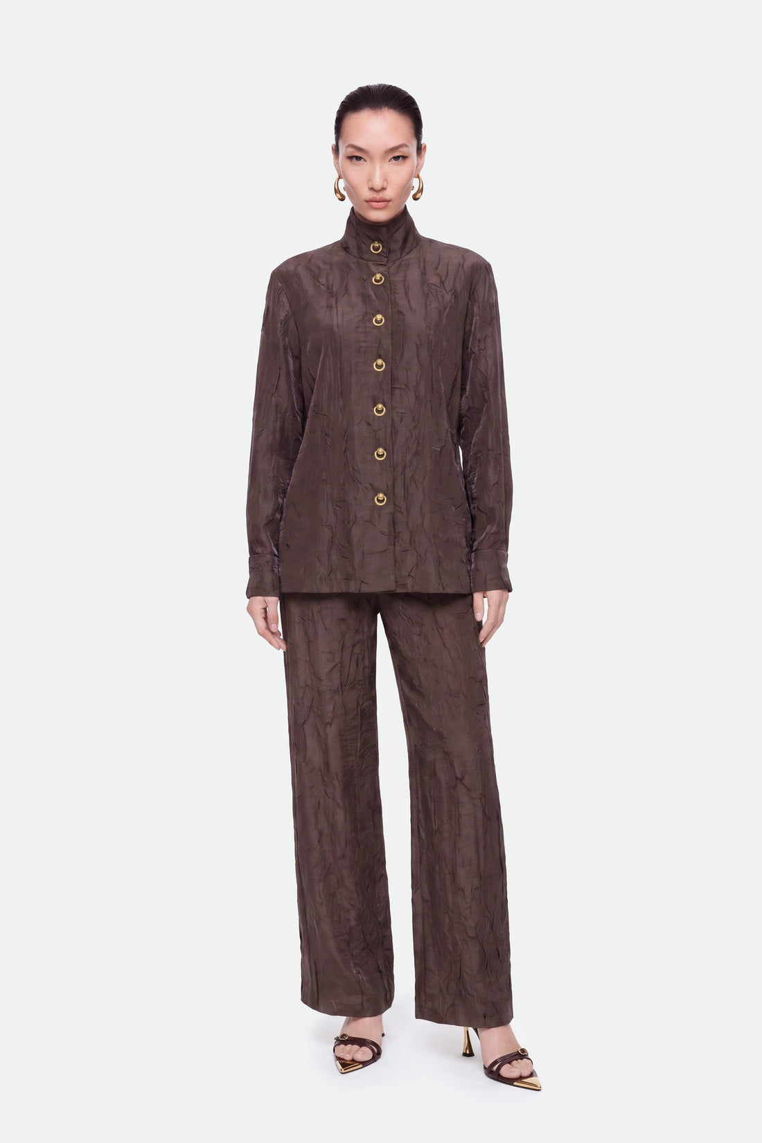 Crinkle Effect Stand Collar Shirt