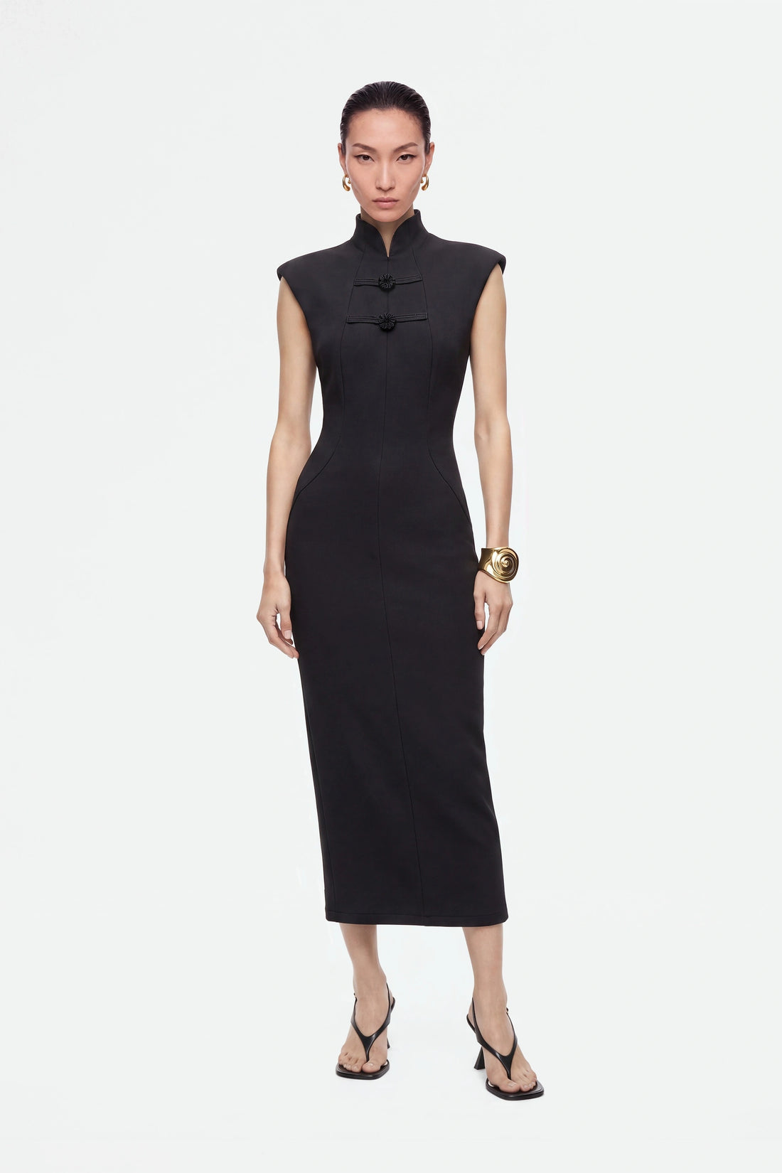 Padded Shoulder Button Detail Maxi Dress