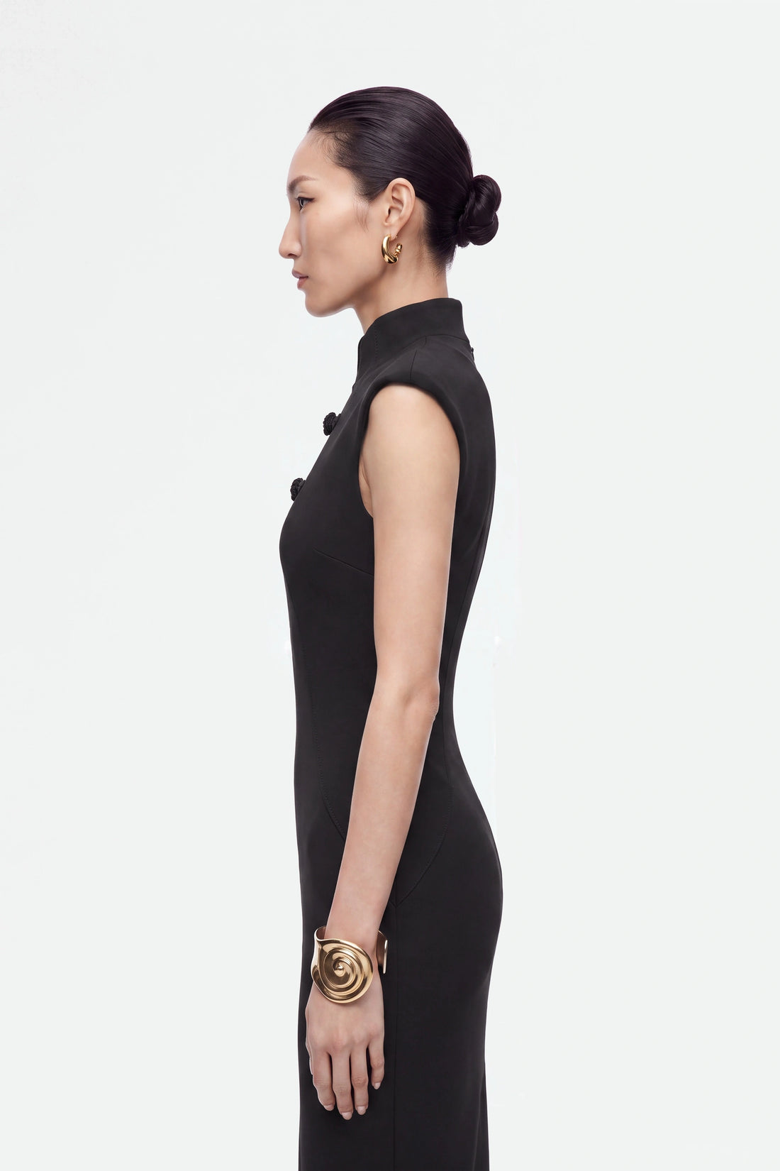 Padded Shoulder Button Detail Maxi Dress