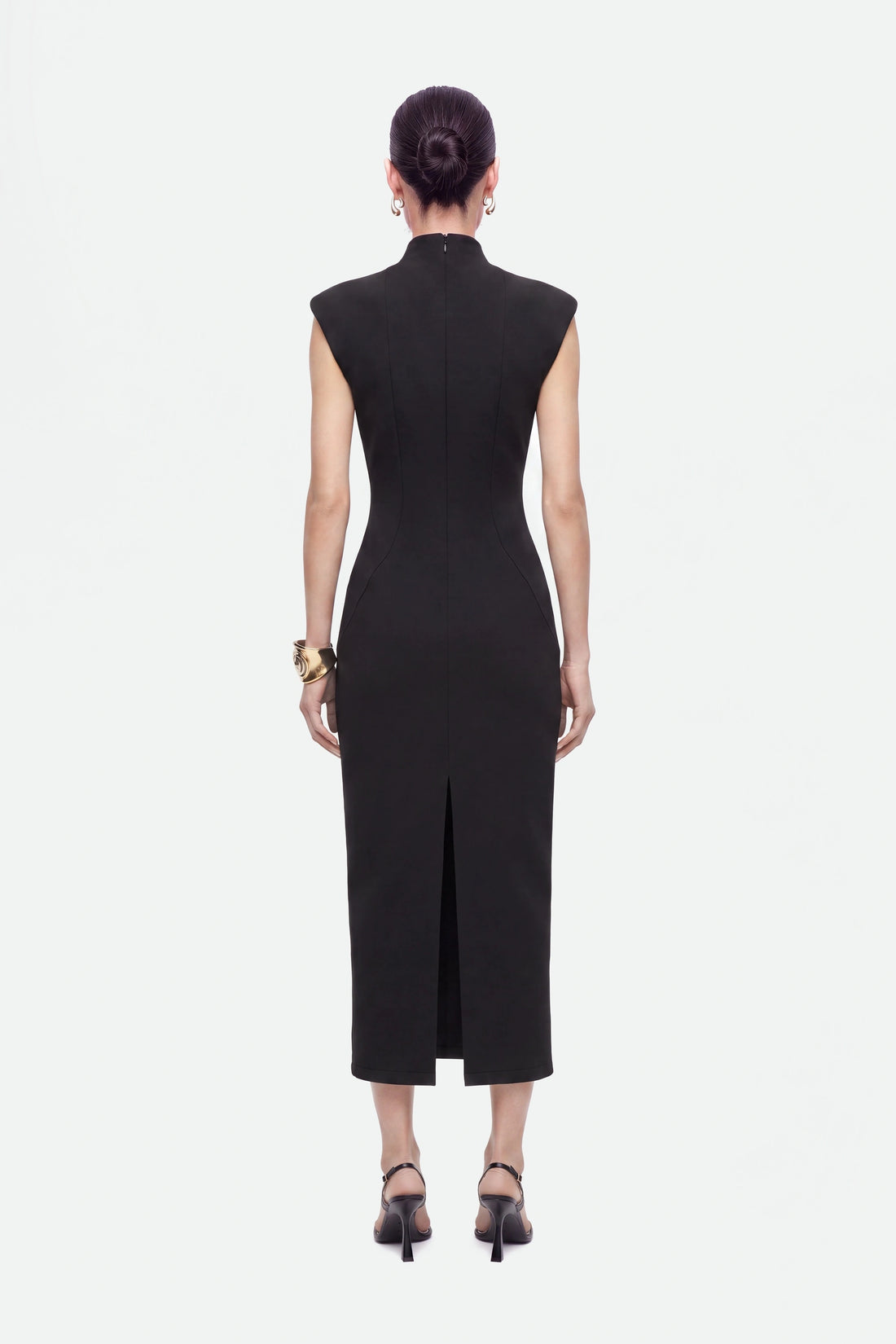 Padded Shoulder Button Detail Maxi Dress