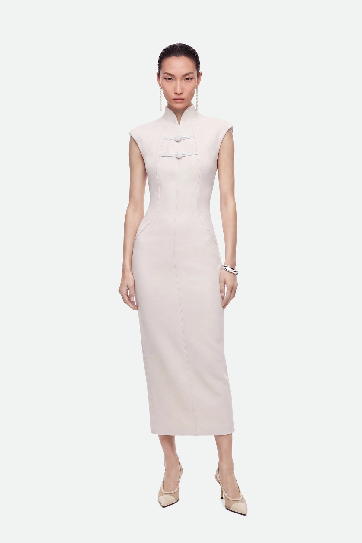 Padded Shoulder Button Detail Maxi Dress