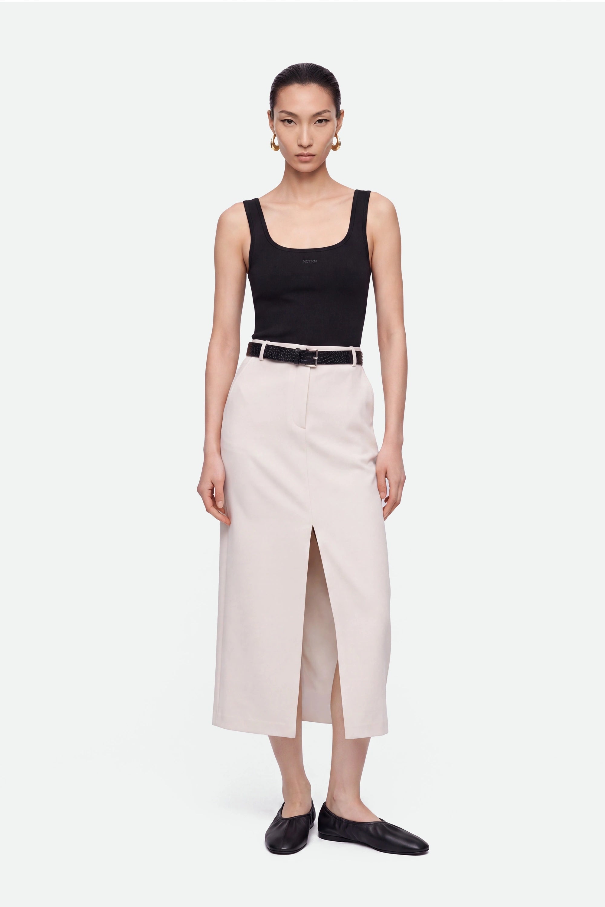 Belted Front Slit Maxi Skirt