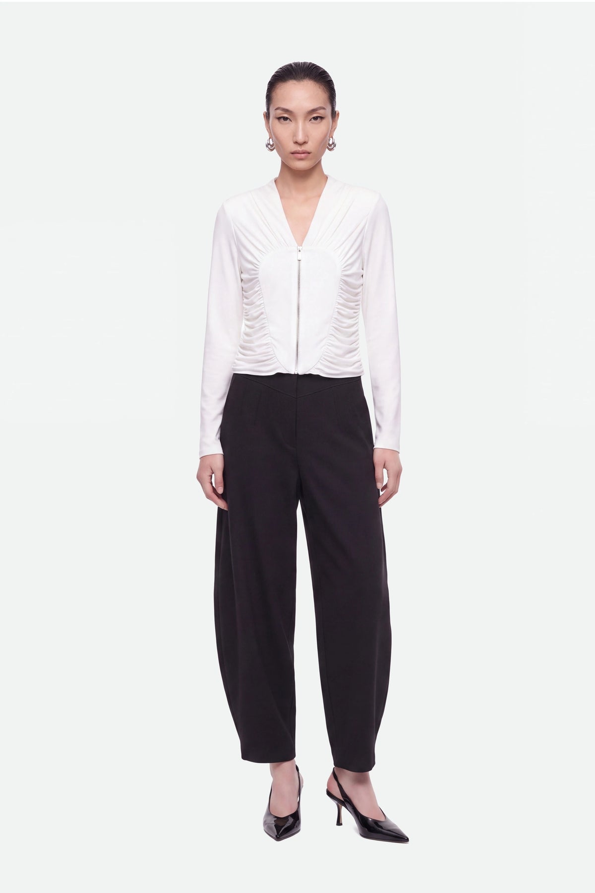 Ruched Metal Zip Blouse