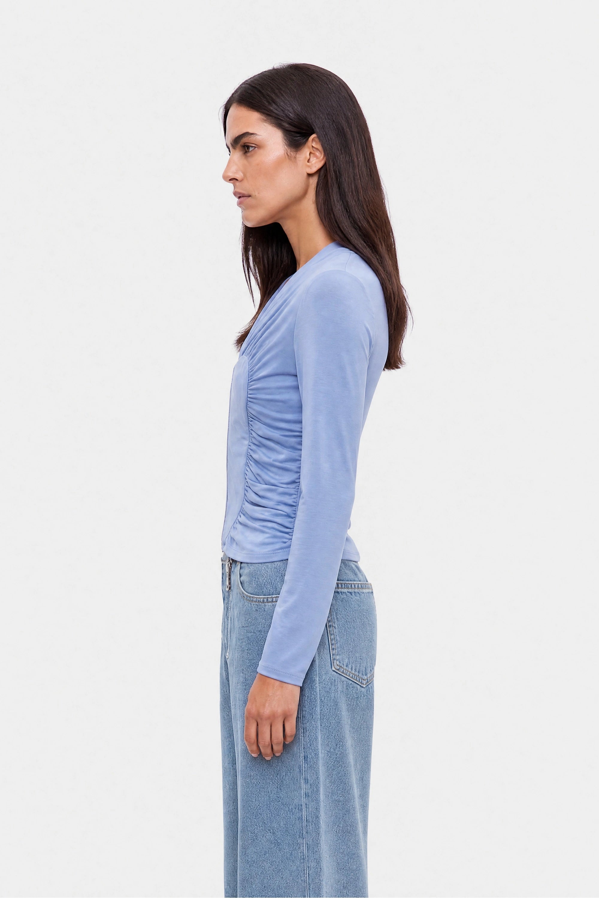 Ruched Metal Zip Blouse