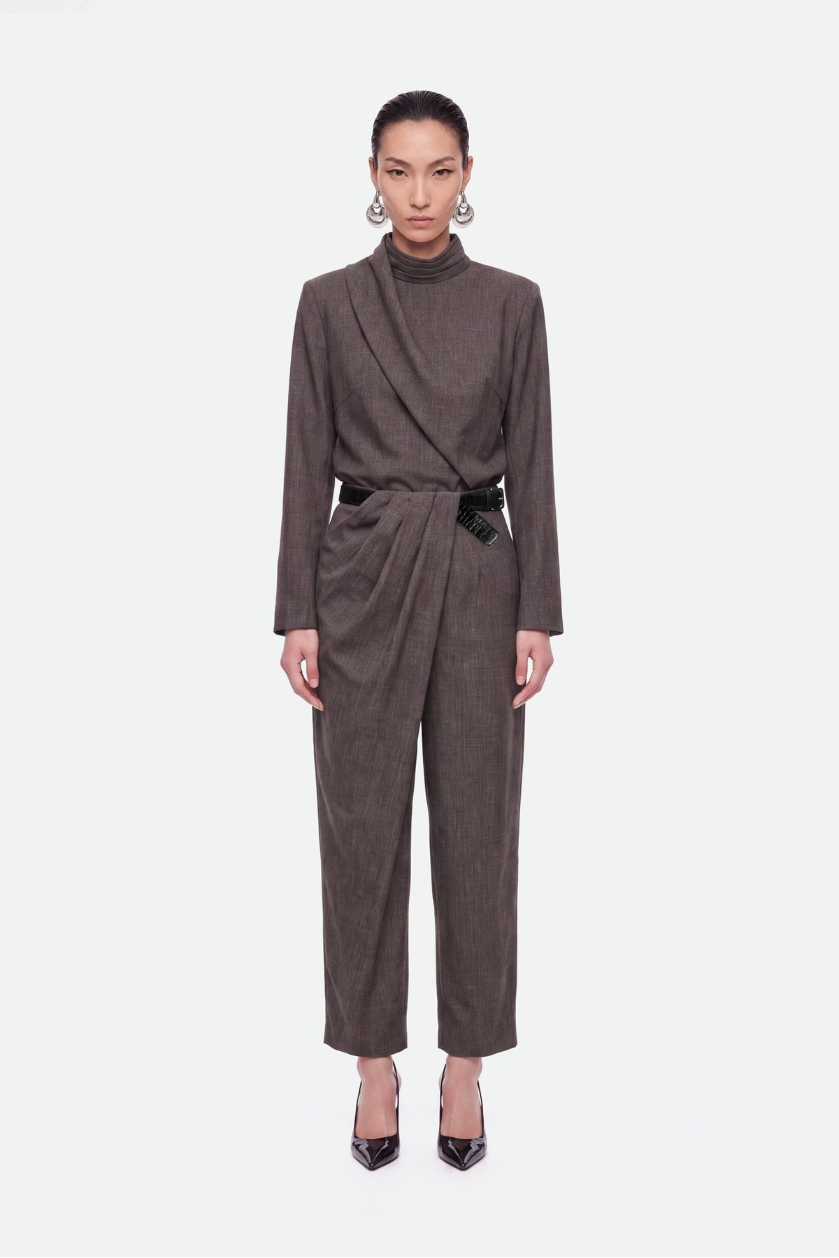 Padded Shoulder Stand Collar Blouse