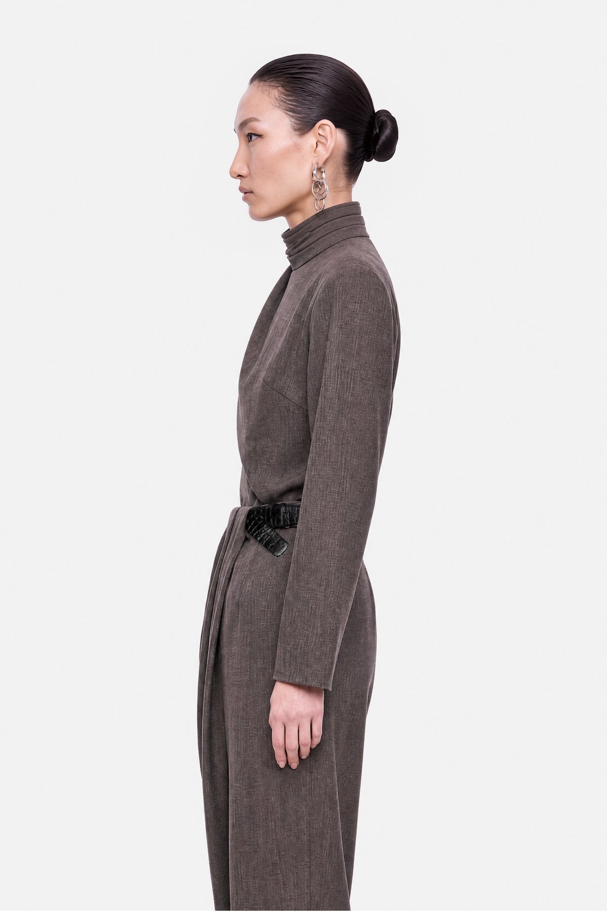 Padded Shoulder Stand Collar Blouse