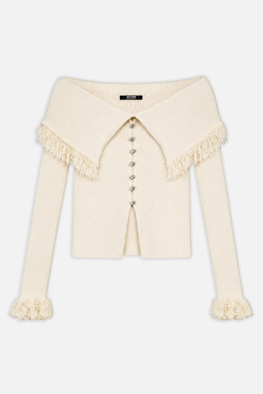 Fringed Collar Off-Shoulder Cardigan