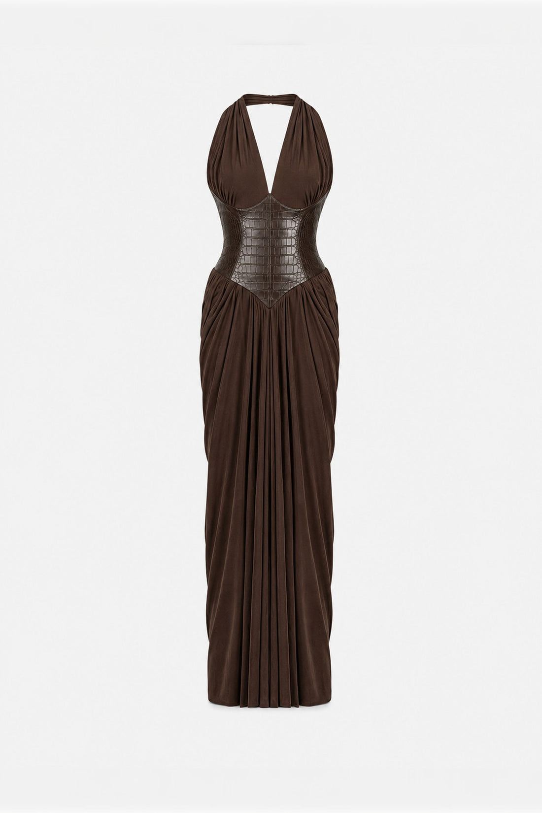 Leather Detail Halter Neck Maxi Dress