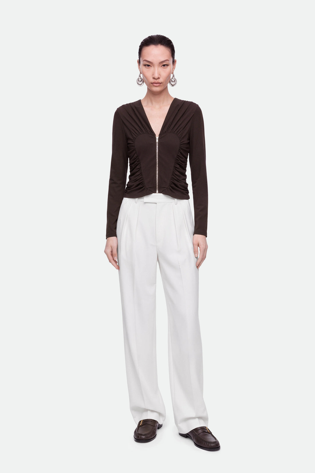 Ruffle Trim Zip Front Blouse