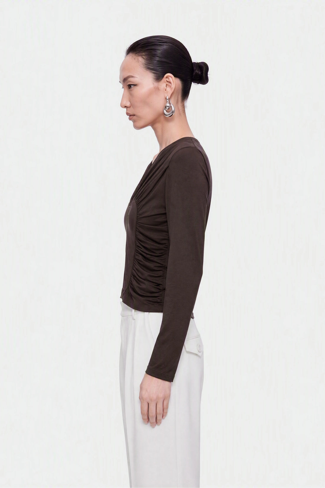 Ruffle Trim Zip Front Blouse