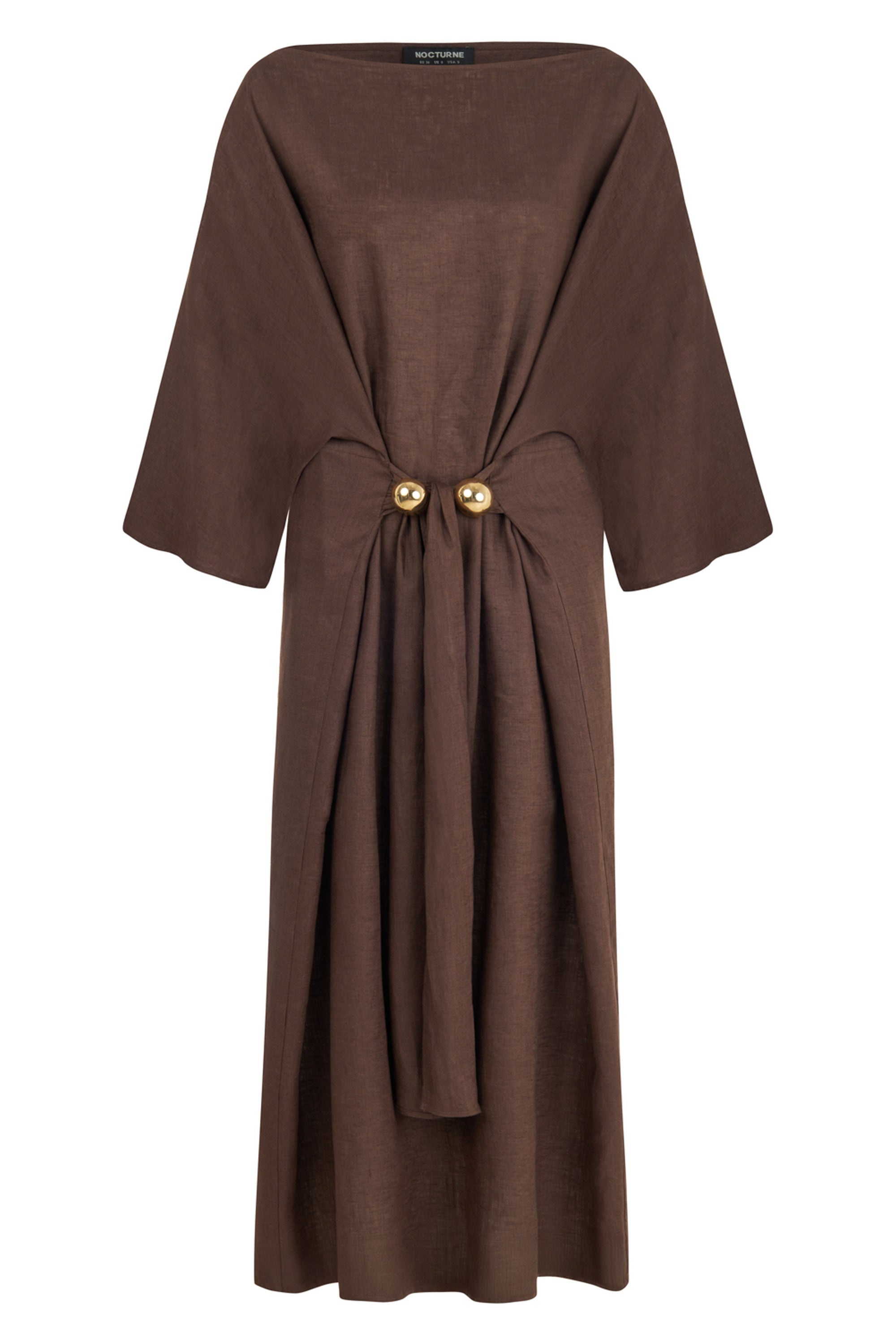 Coffee Linen Accessory Detailed Midi Dress