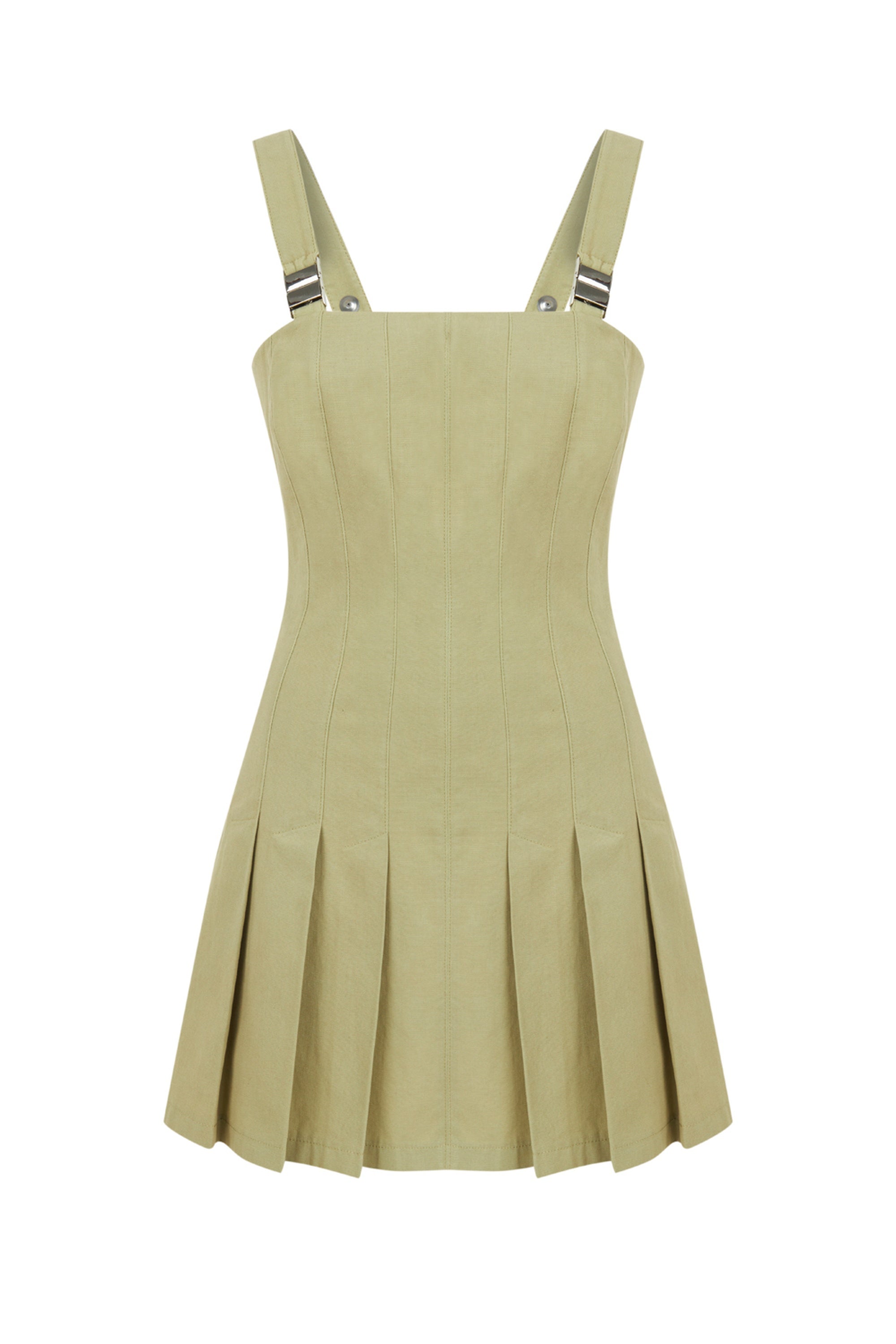 Olive Green Pleated Accesory Detailed Mini Dress