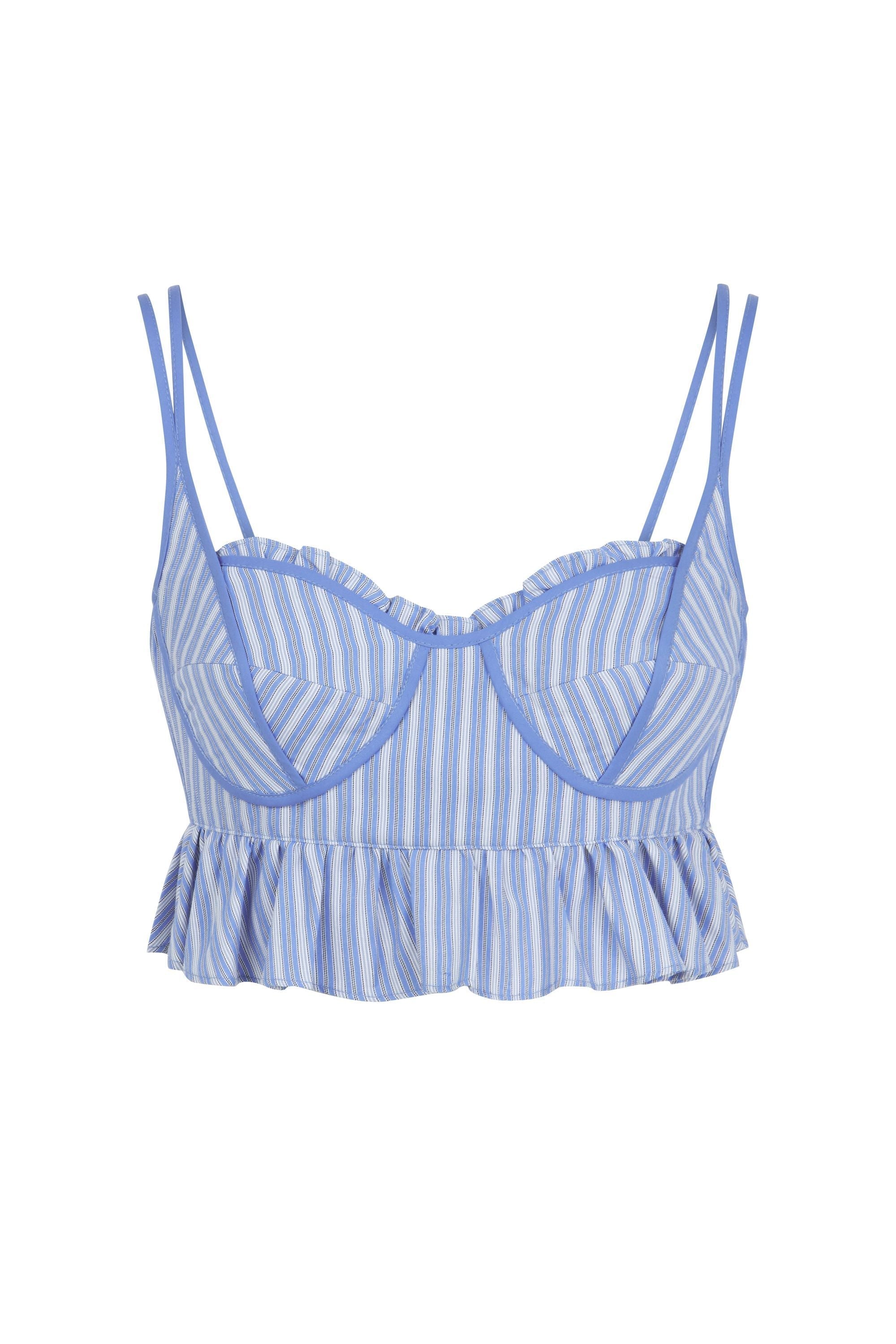 Blue Striped Ruffle Crop Top