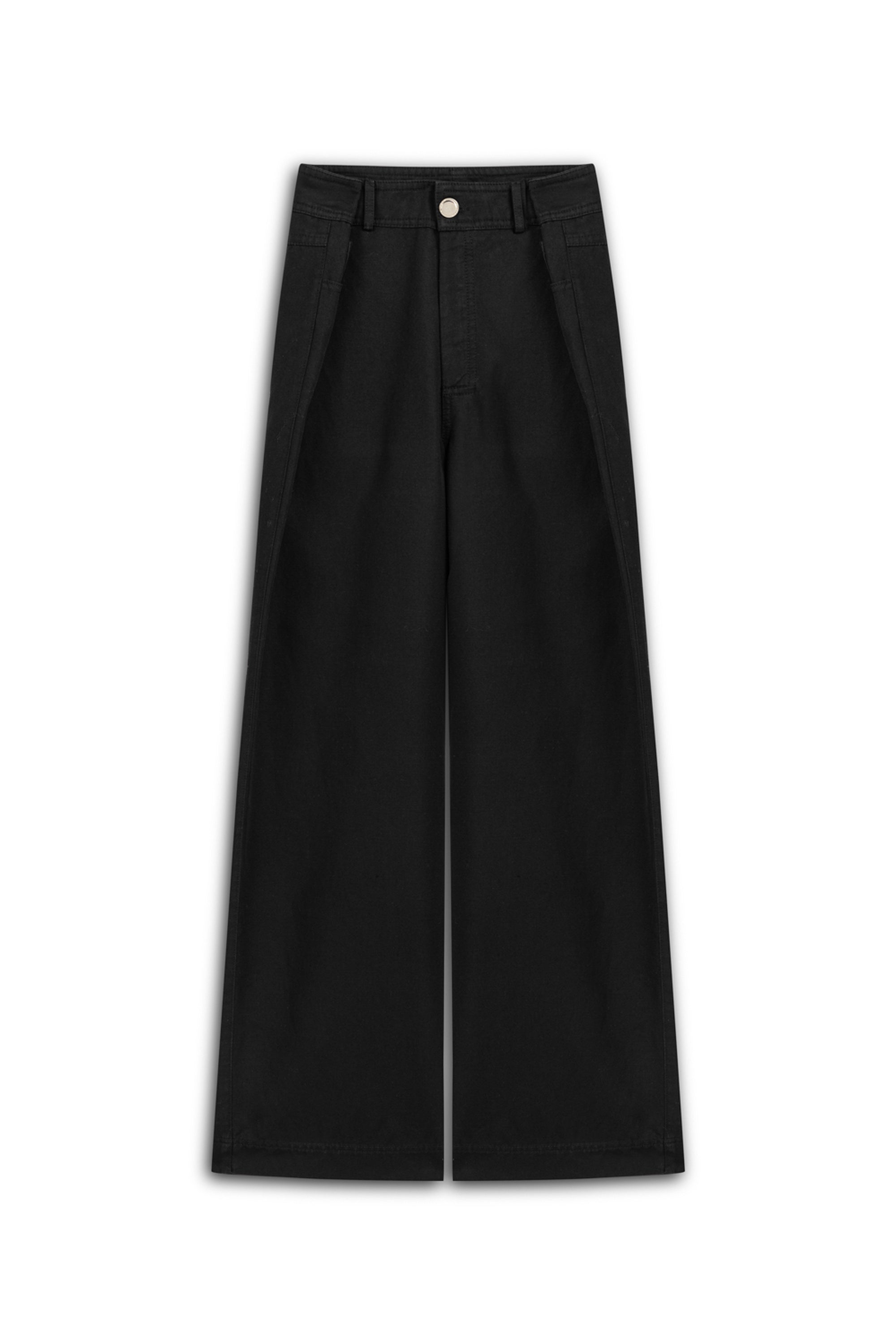 Black Linen Blend Waist Detailed Trousers