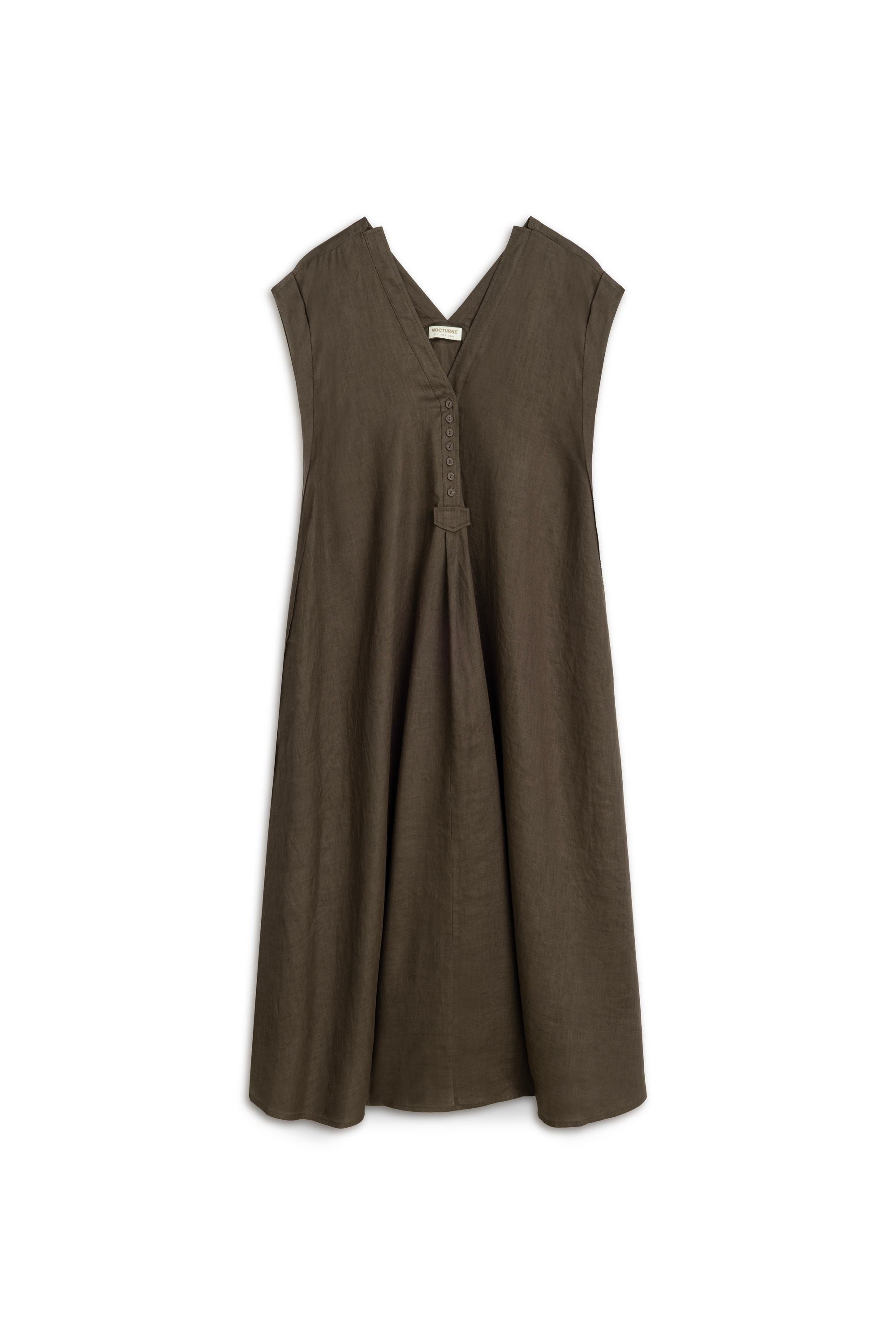 Coffe V-Neck Linen Maxi Dress