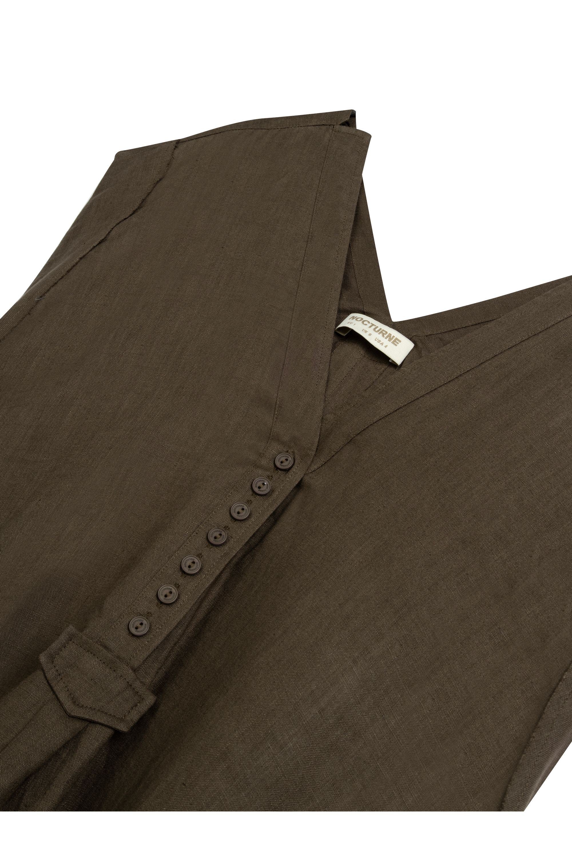 Coffe V-Neck Linen Maxi Dress