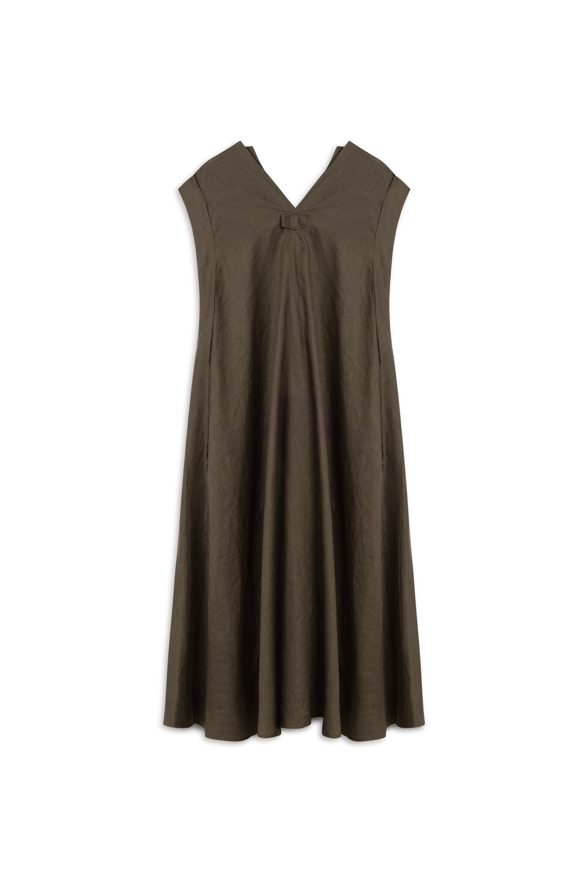 Coffe V-Neck Linen Maxi Dress