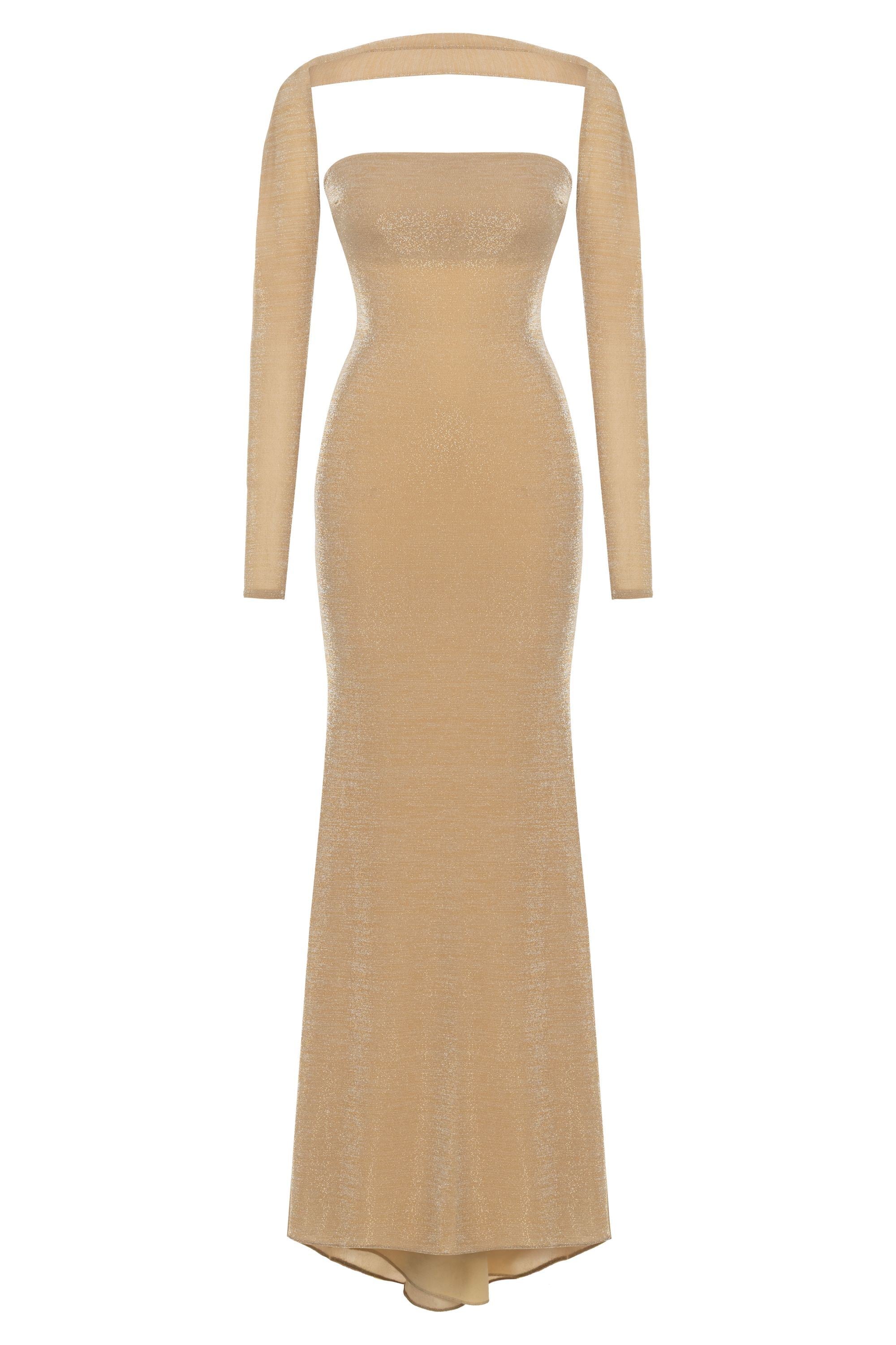 Gold Strapless Maxi Dress with Glove Accessory