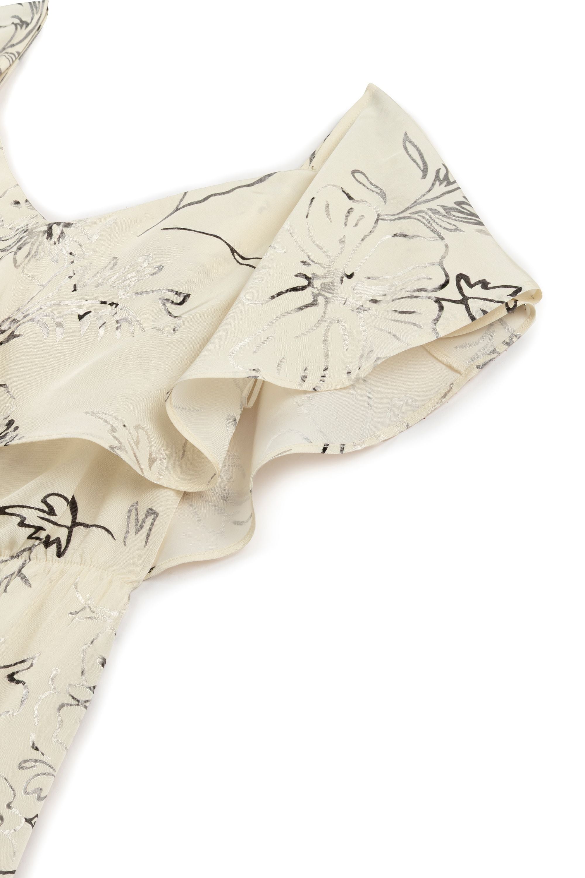 Ecru Floral Patterned Midi Dress with Sash Tie