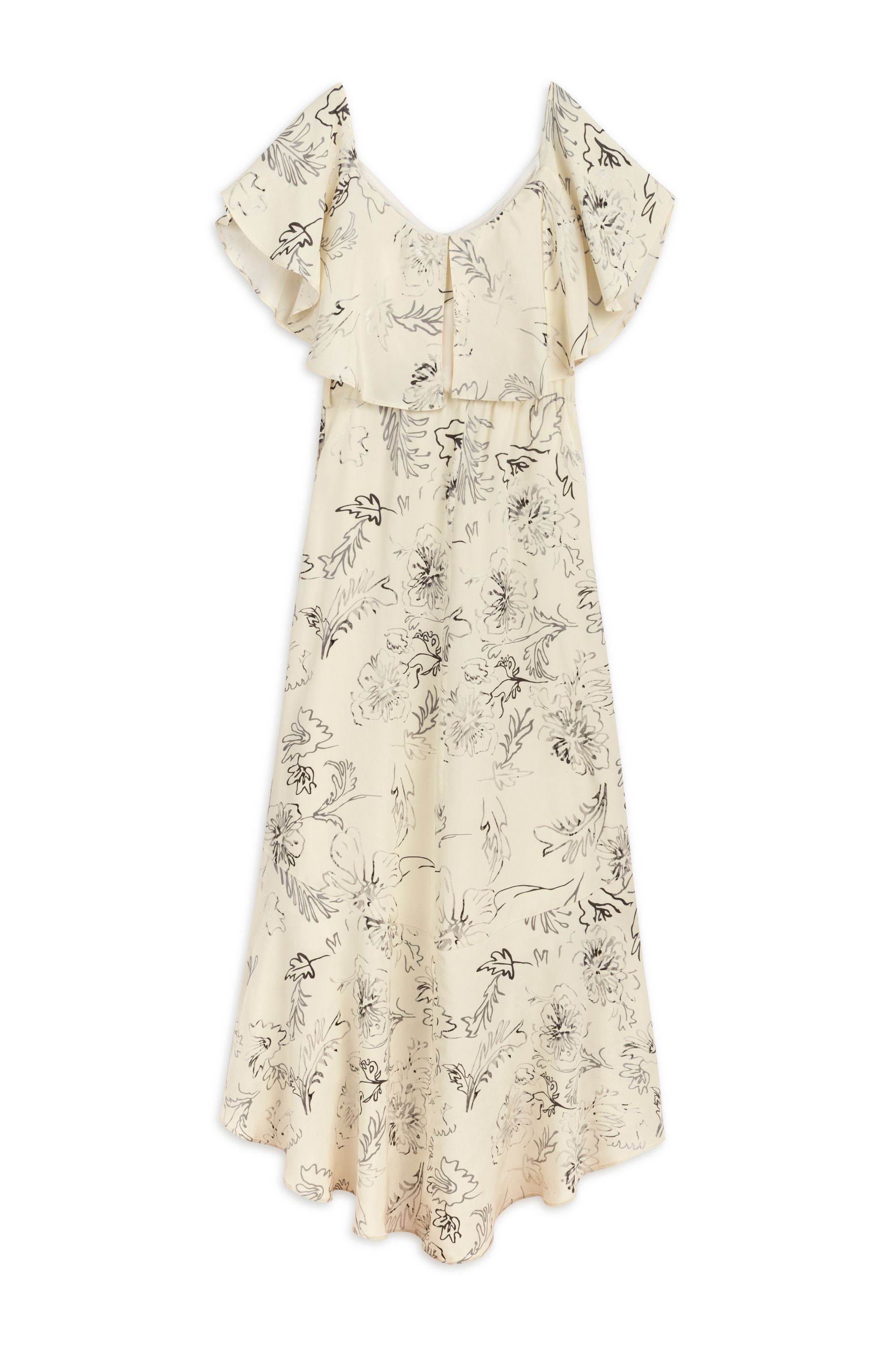 Ecru Floral Patterned Midi Dress with Sash Tie