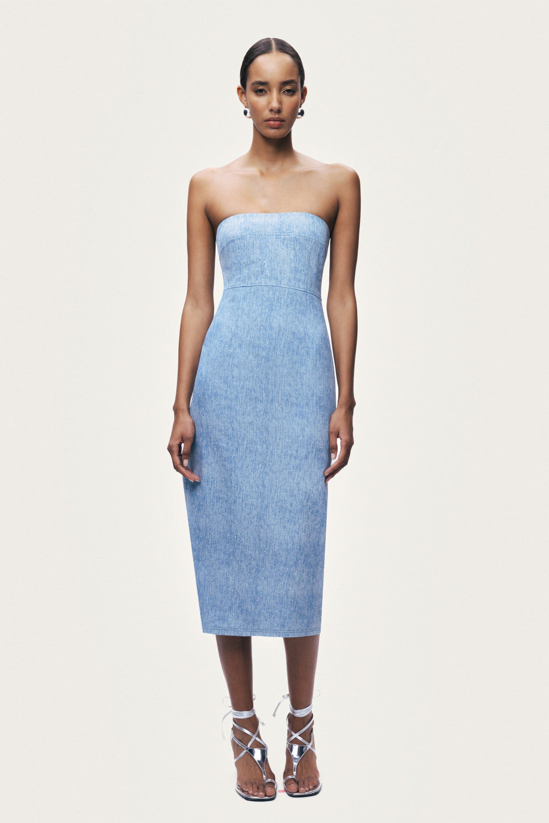 Stone-Detail Strapless Midi Dress