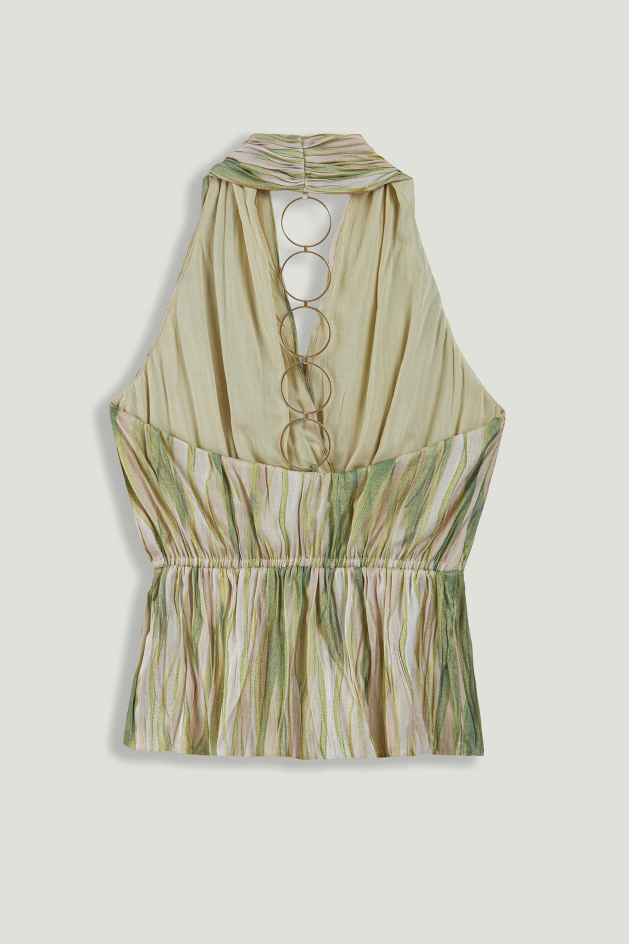 Printed Halterneck Peplum Top with Ring Chain Back Detail