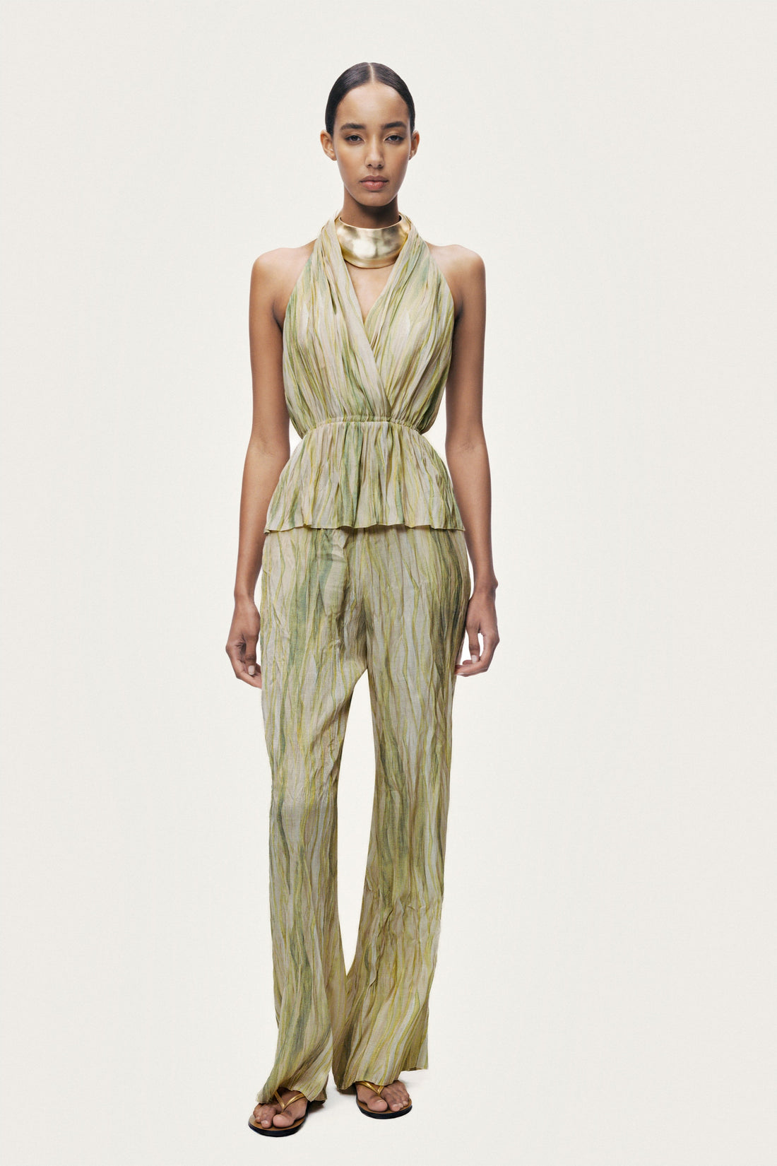 Printed Halterneck Peplum Top with Ring Chain Back Detail