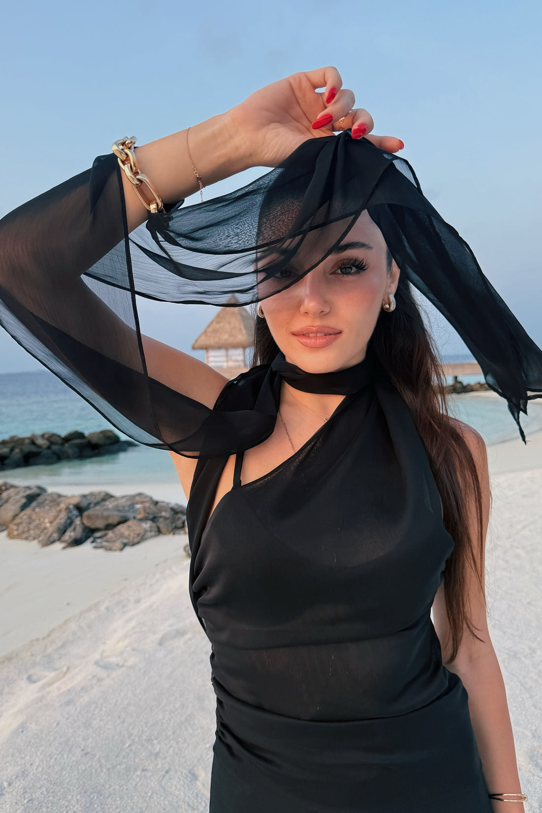 Black Shawl-Inspired Open Back Blouse