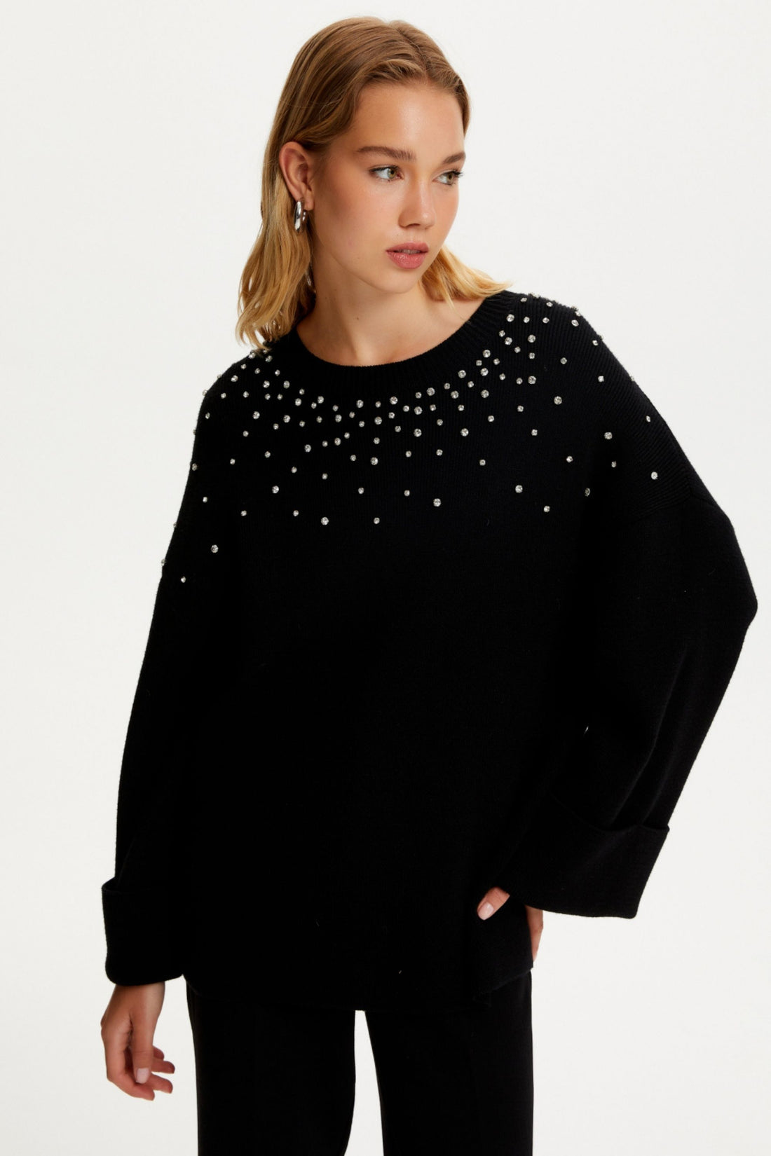 Crystal Stone Detailed Knit Sweater