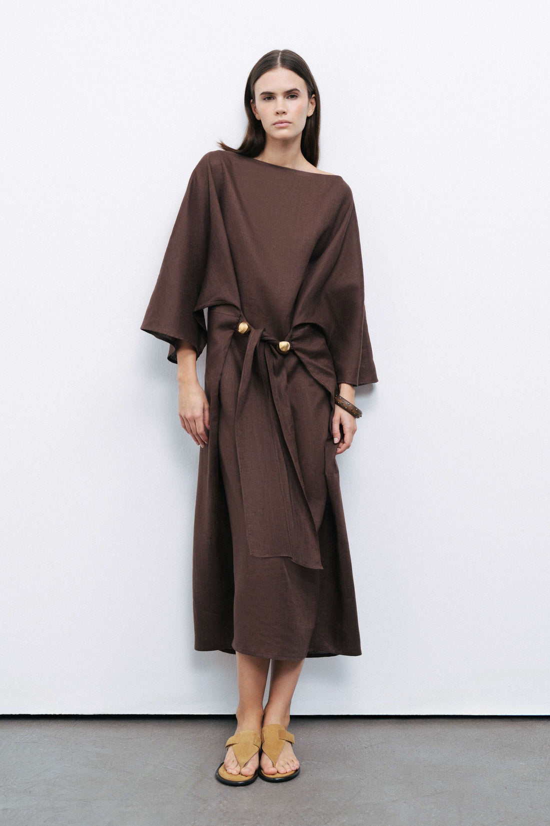 Coffee Linen Accessory Detailed Midi Dress