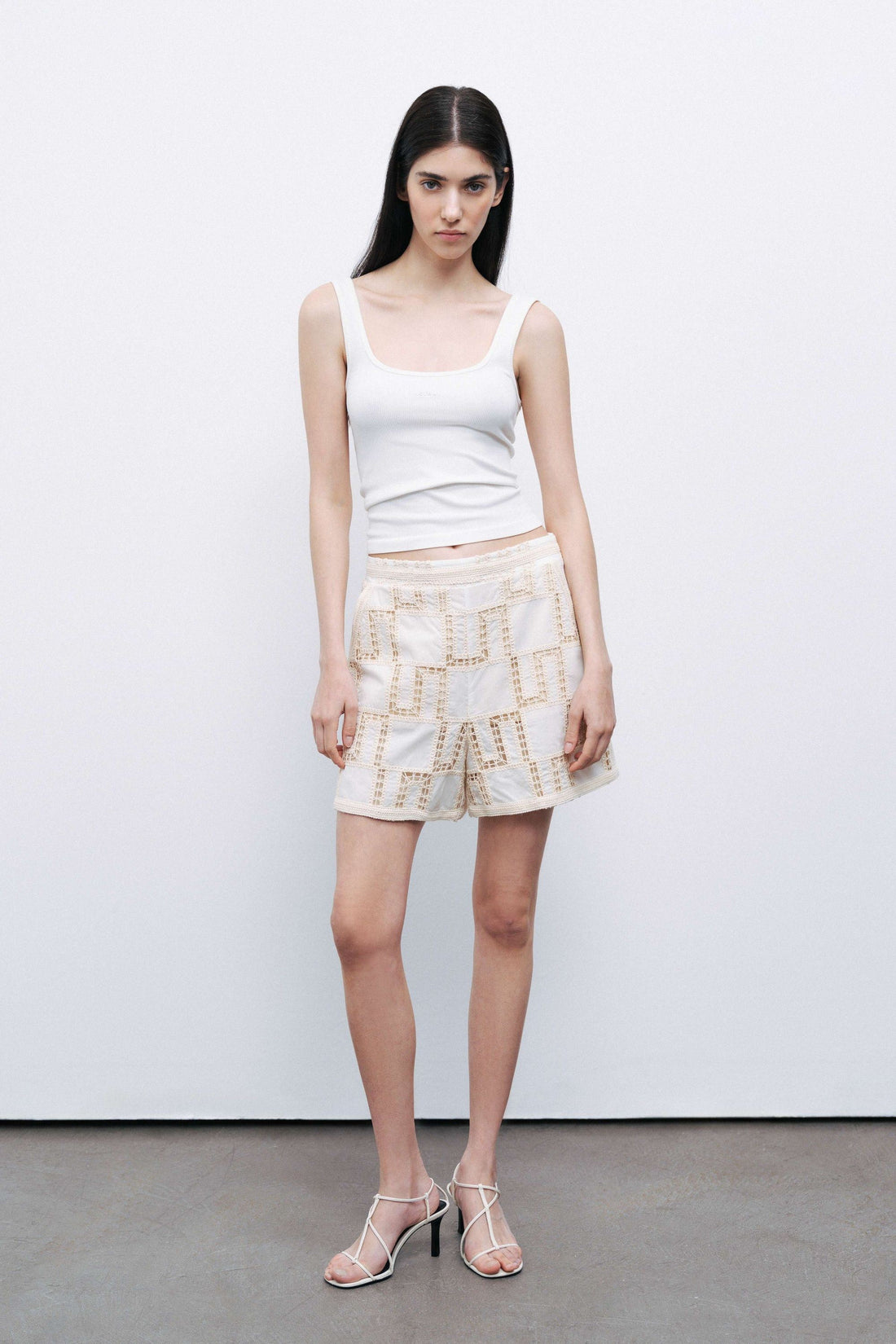 Ecru High Waist Embroidered Mini Shorts