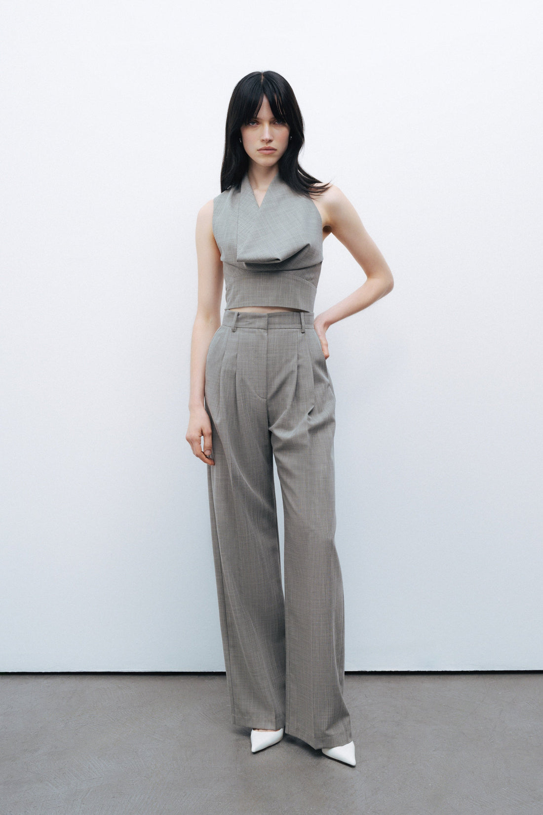 Grey Double Pleated Fabric High Waist Trousers