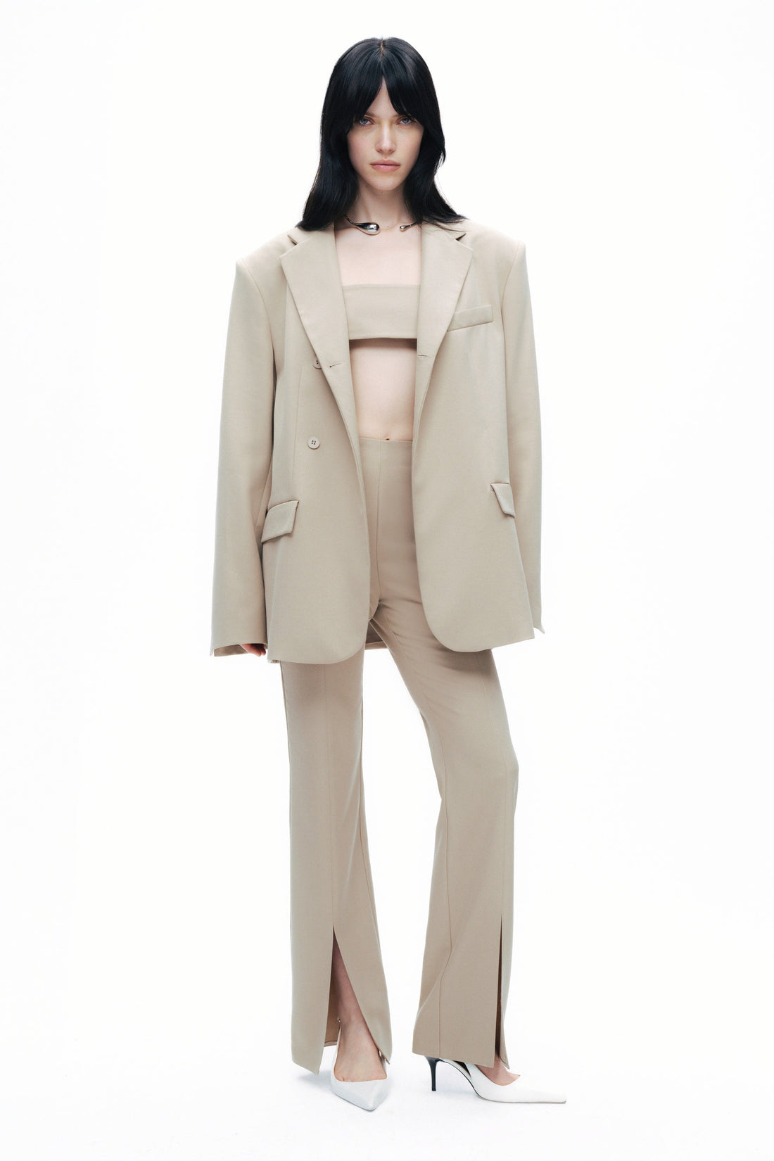 Beige Oversized Padded Blazer Jacket