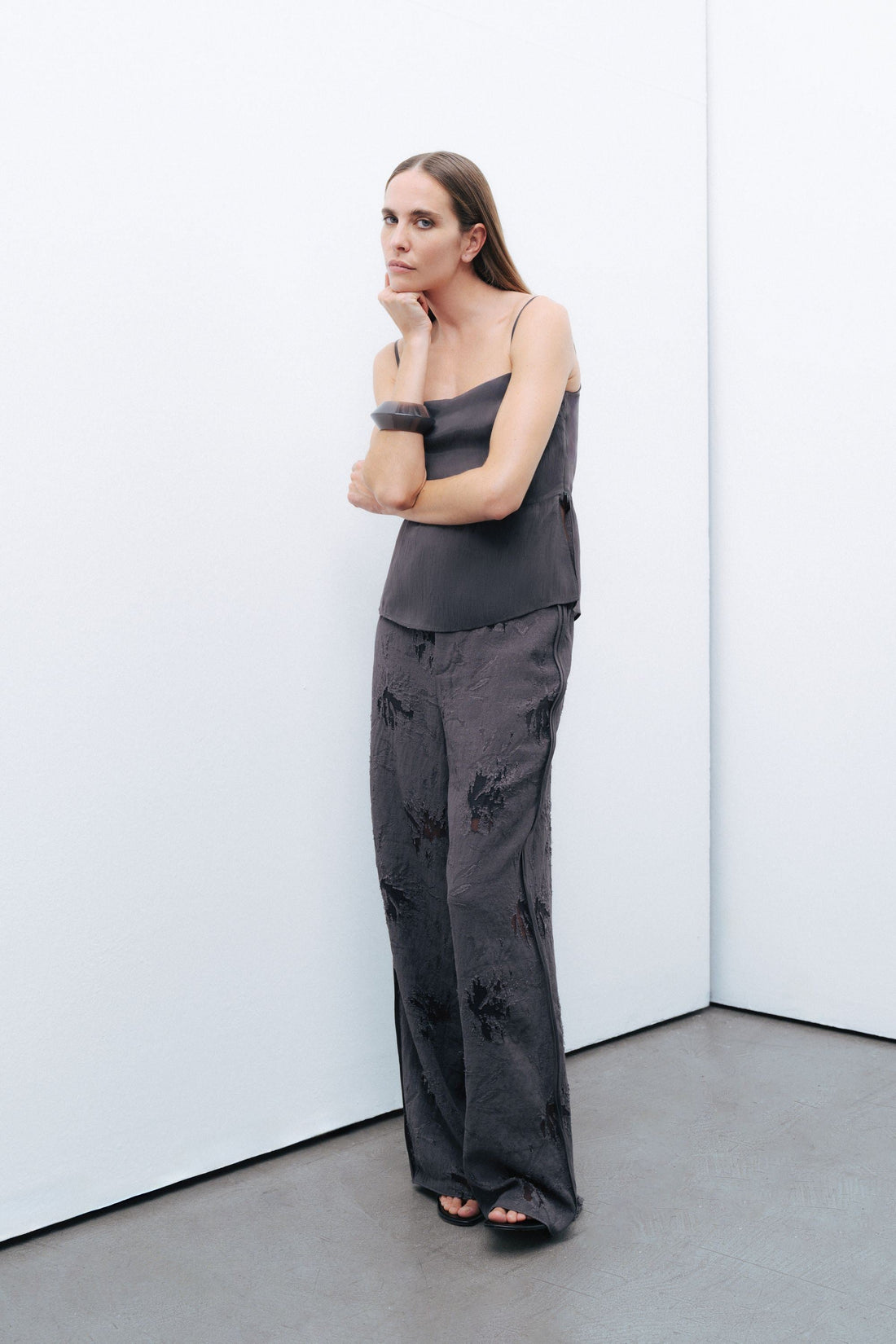 Anthracite Slit Strap Draped Blouse