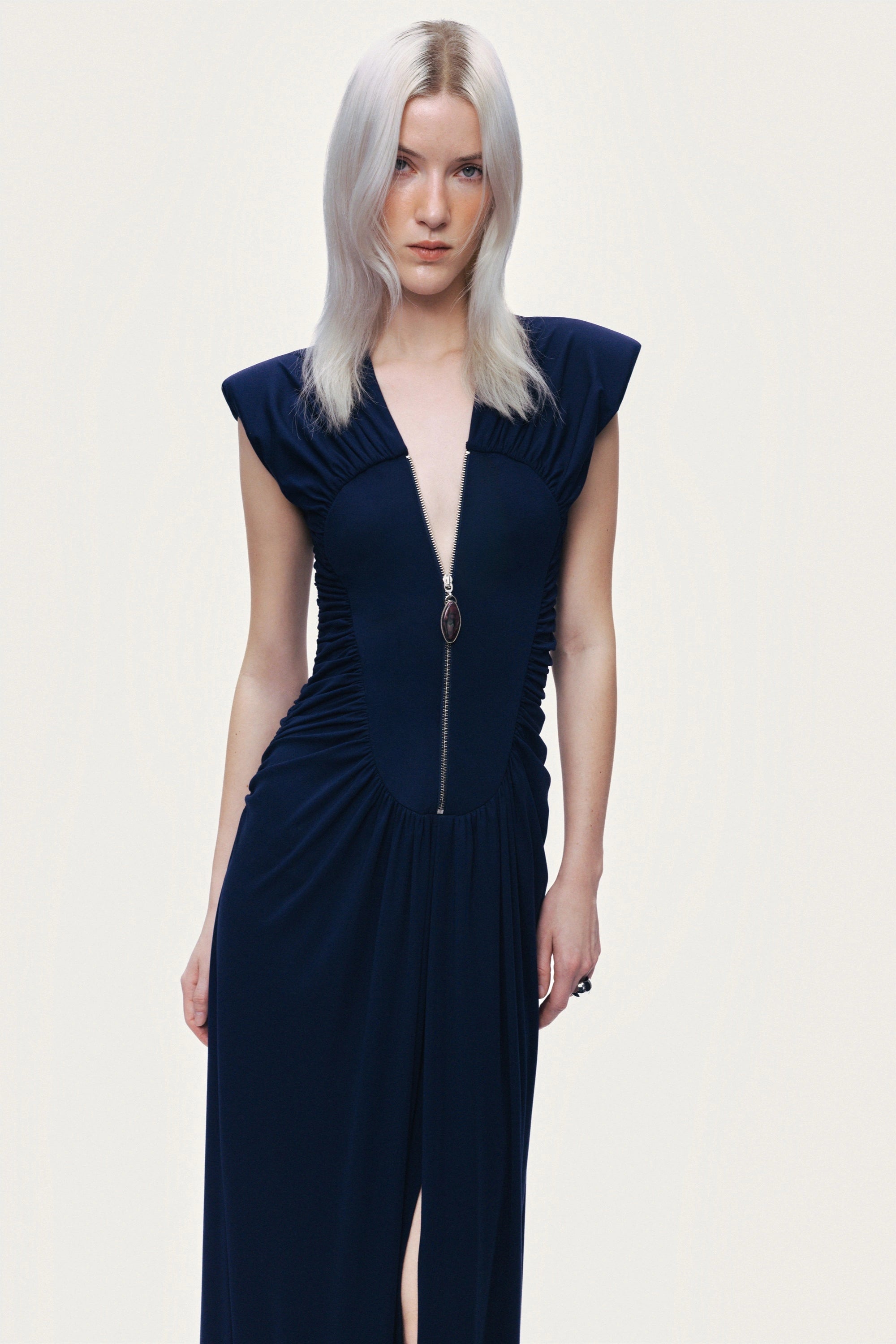 Zip-Front Draped Maxi Dress