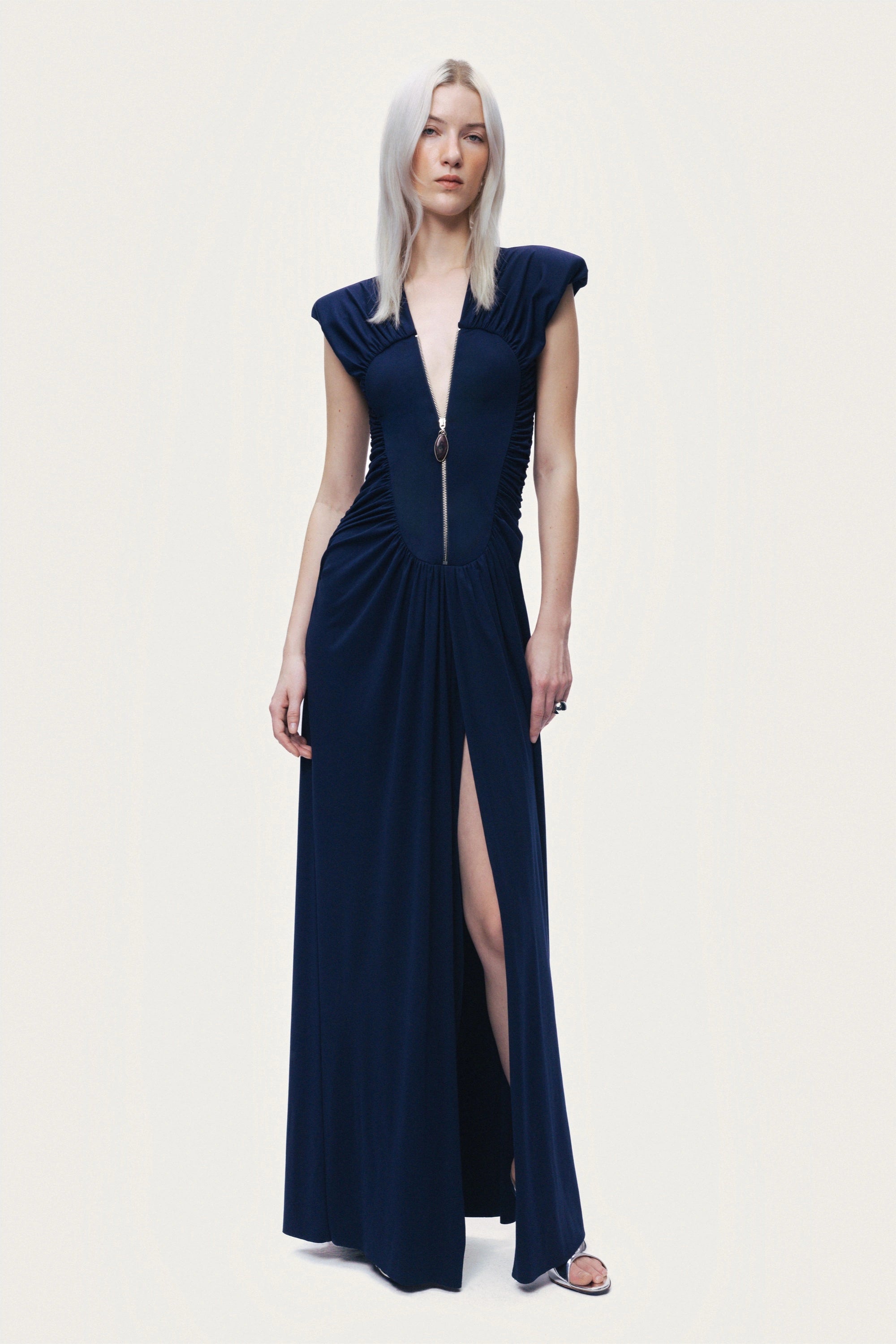Zip-Front Draped Maxi Dress – Nocturne