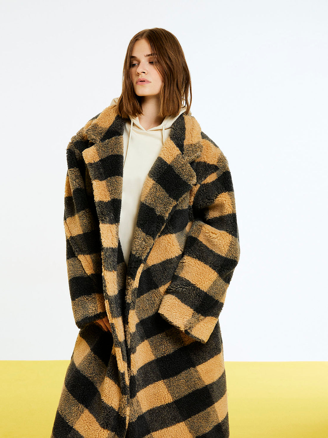 Double Breasted Plaid Faux Fur Coat