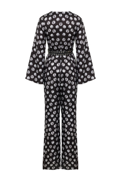 Printed V-Neck Belted Jumpsuit