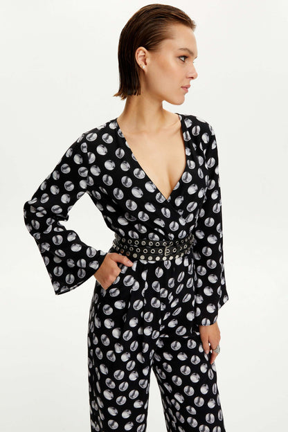 Printed V-Neck Belted Jumpsuit